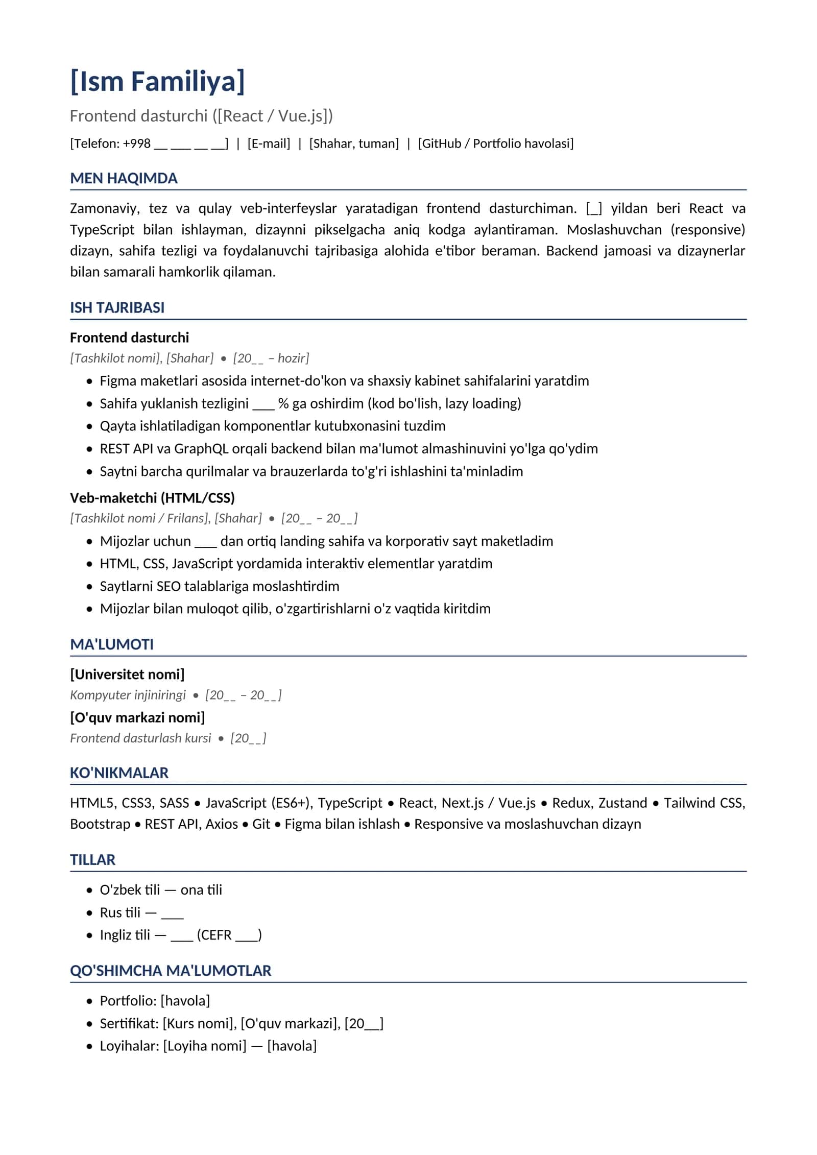 Rezyume namunasi Frontend dasturchi