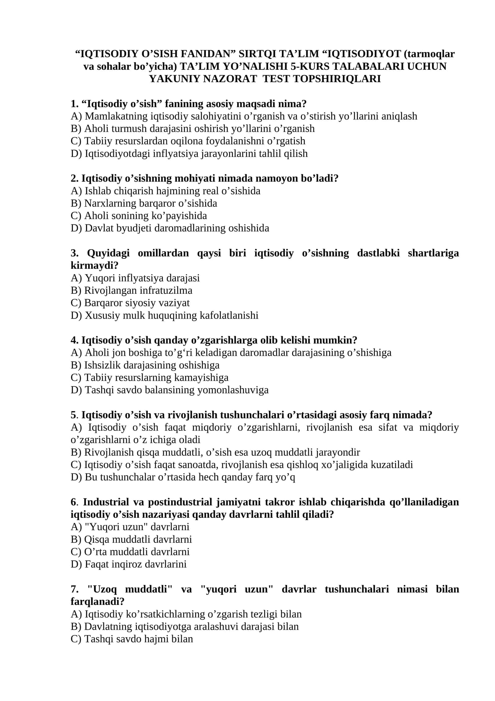 IQTISODIY O’SISH FANIDAN SIRTQI TA’LIM