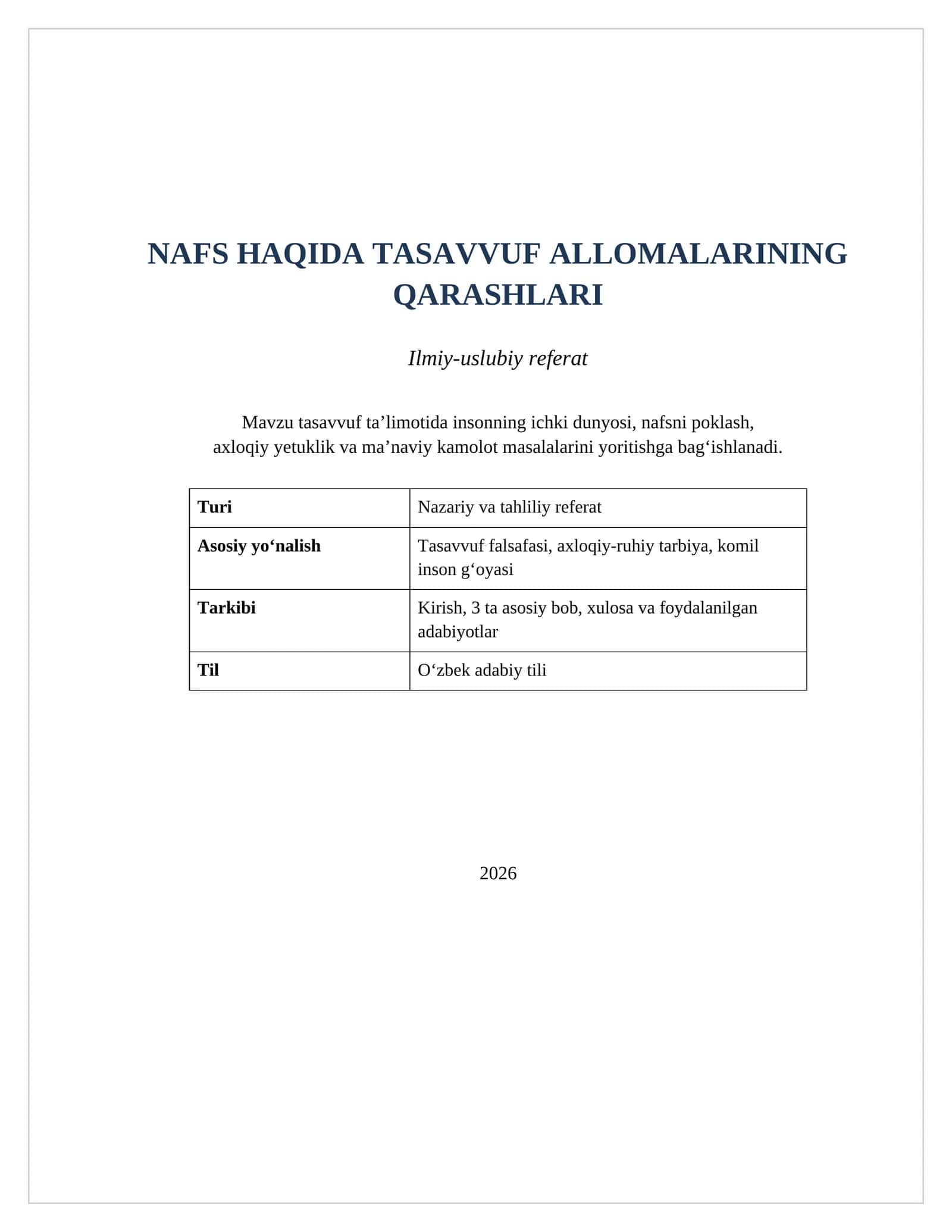 NAFS HAQIDA TASAVVUF ALLOMALARINING QARASHLARI