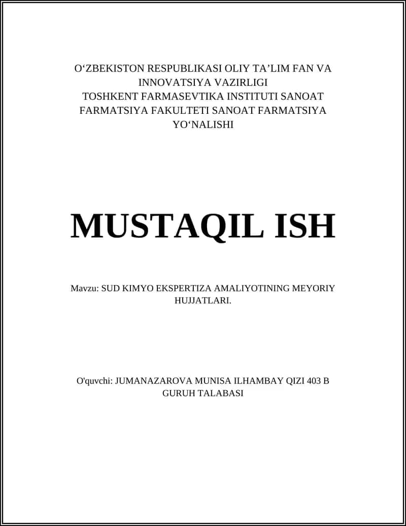 SUD KIMYO EKSPERTIZA AMALIYOTINING MEYORIY HUJJATLARI