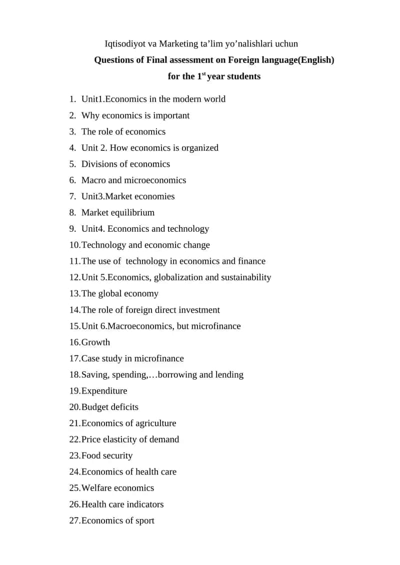 Final assessment on Foreign language(English)
