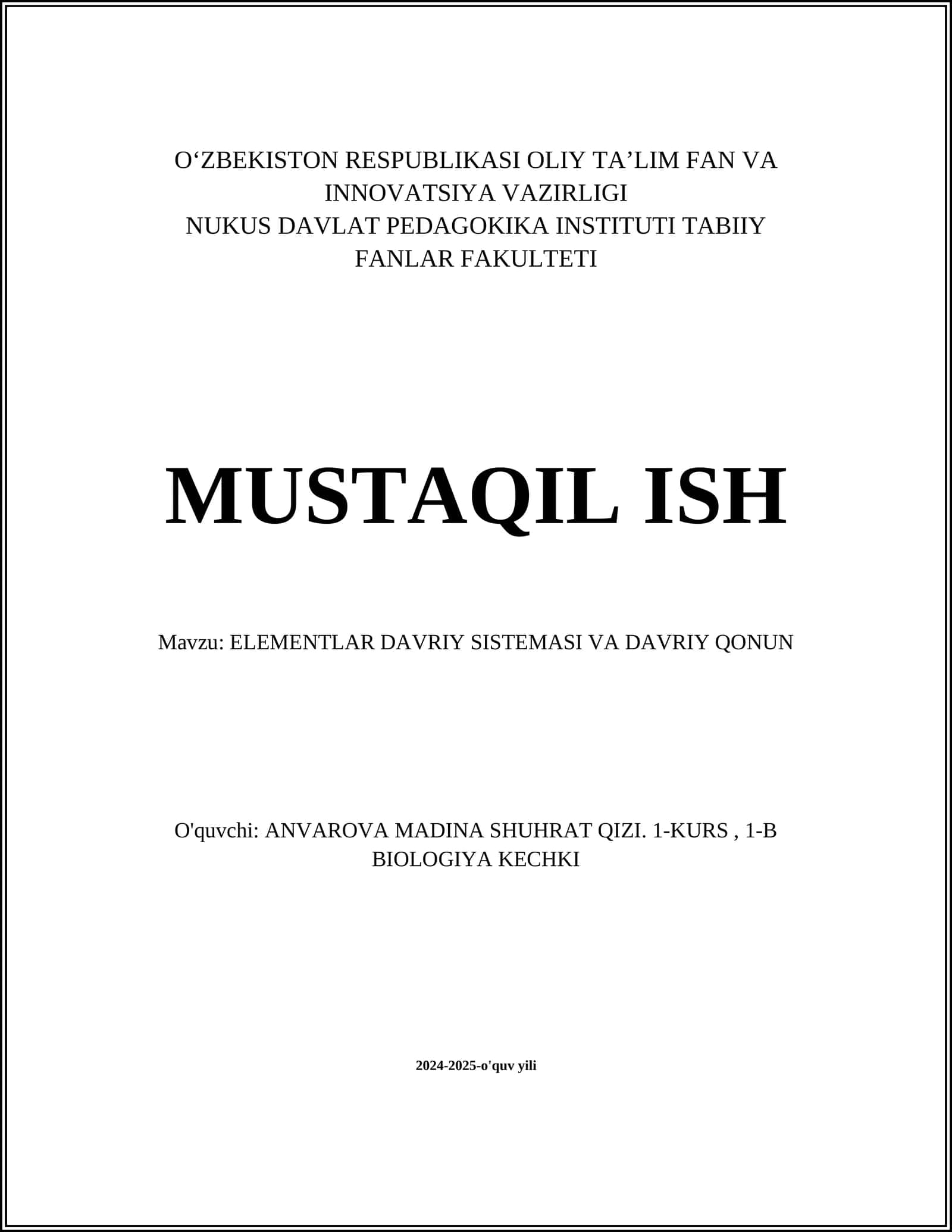 ELEMENTLAR DAVRIY SISTEMASI VA DAVRIY QONUN