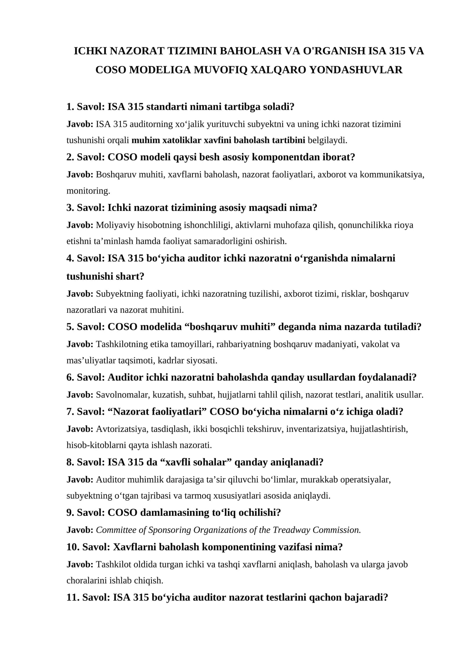 ISA 315 va COSO Modeliga muvofiq ichki nazorat tizimini baholash