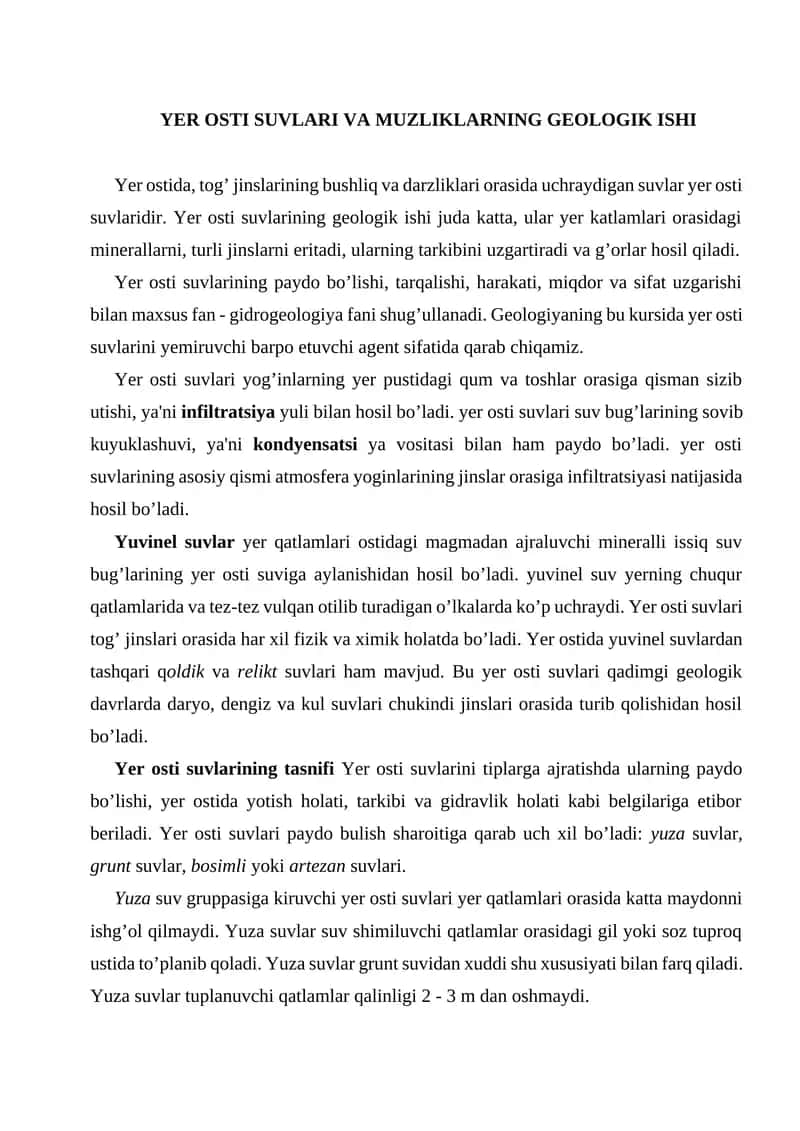 YER OSTI SUVLARI VA MUZLIKLARNING GEOLOGIK ISHI