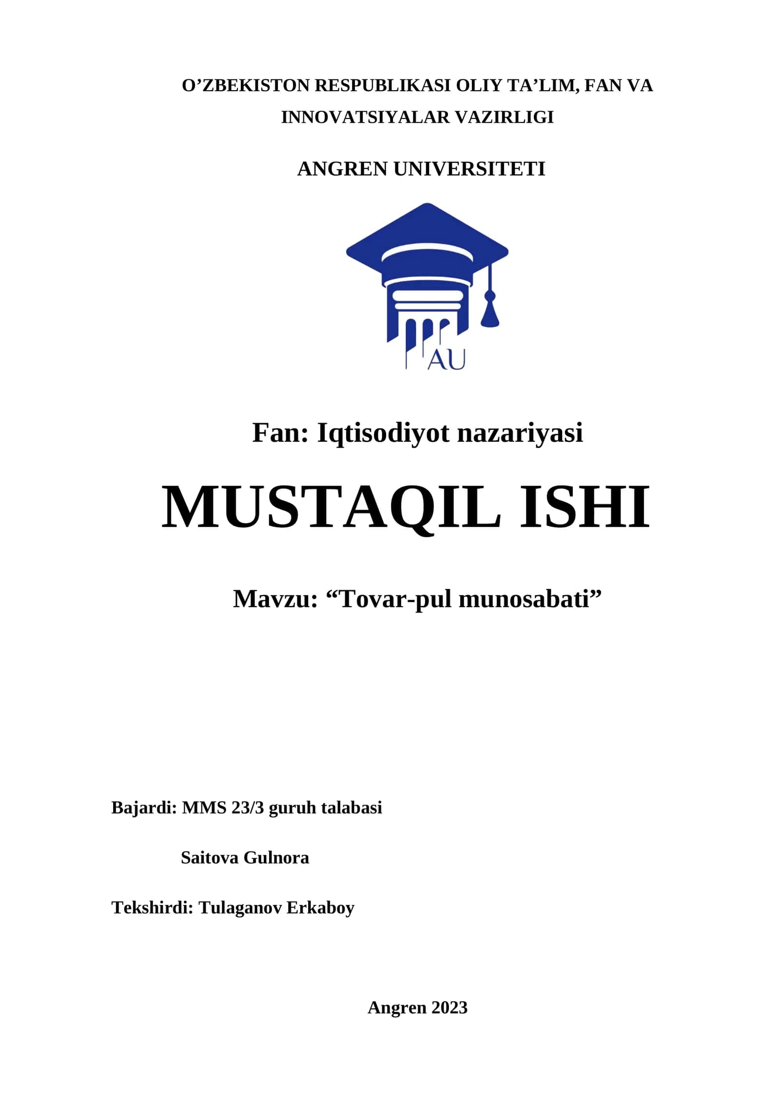 “Tovar-pul munosabati”