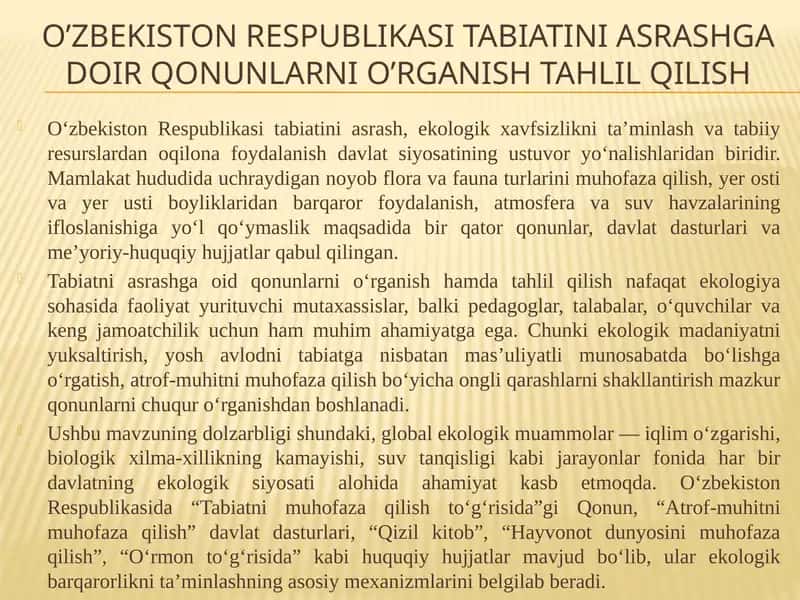 O’zbekiston respublikasi tabiatini asrashga doir qonunlarni o’rganish tahlil qilish