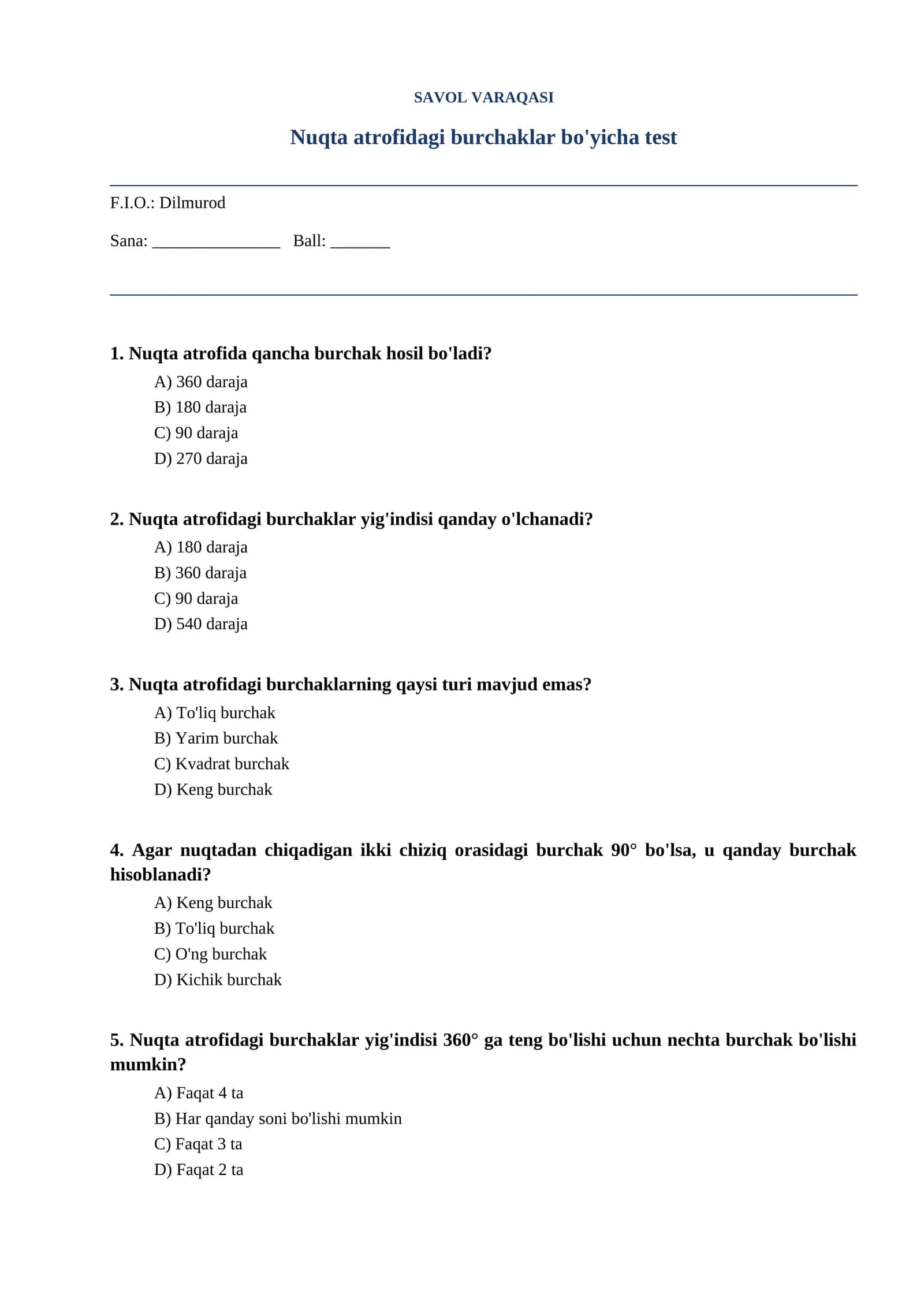 Nuqta atrofidagi burchaklar bo'yicha test