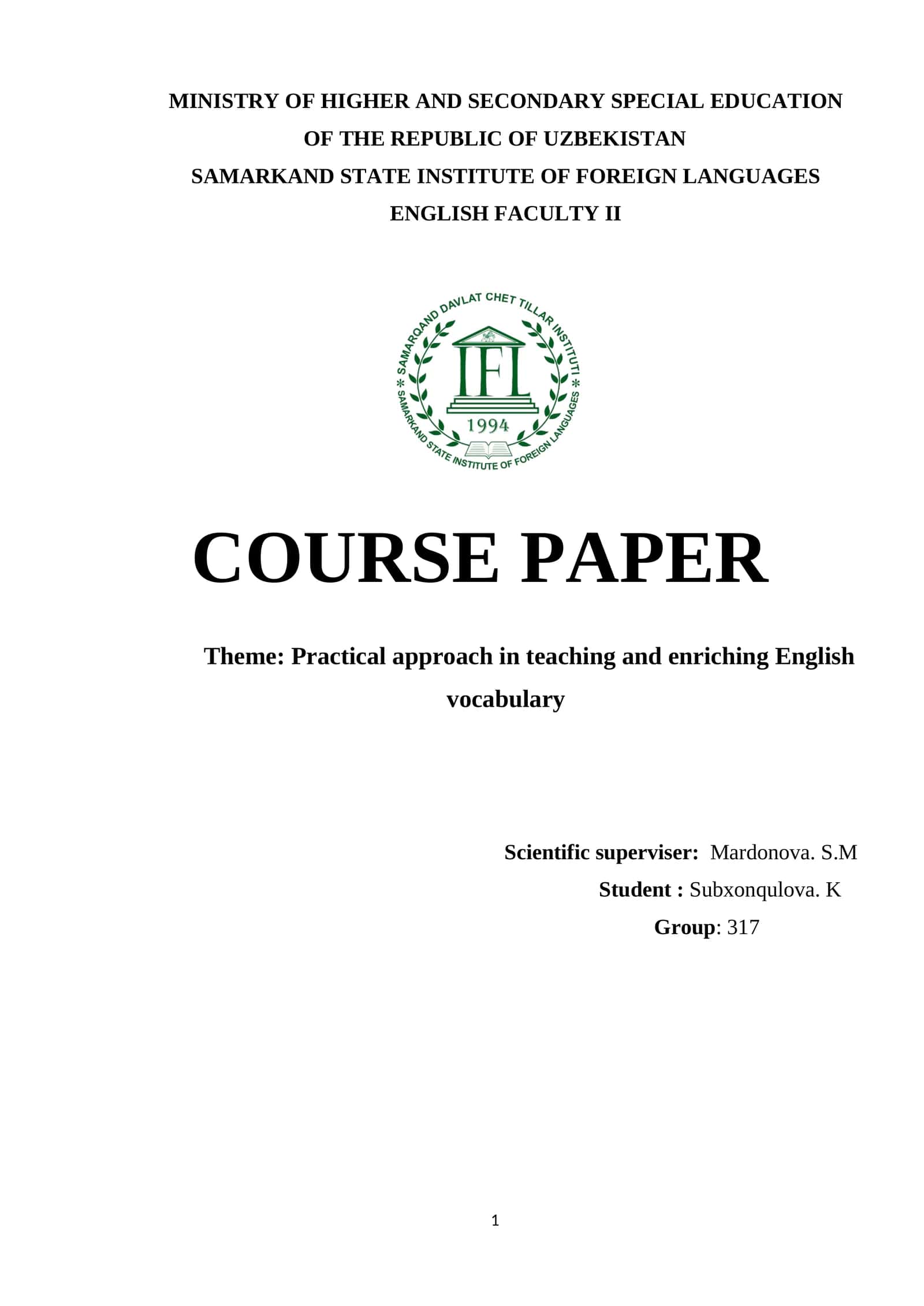 Course Paper on Practical Approach in Teaching and Enriching English Vocabulary