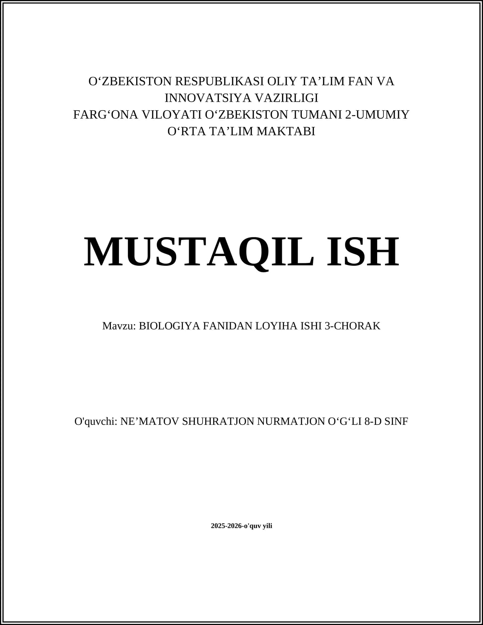 BIOLOGIYA FANIDAN LOYIHA ISHI 3-CHORAK