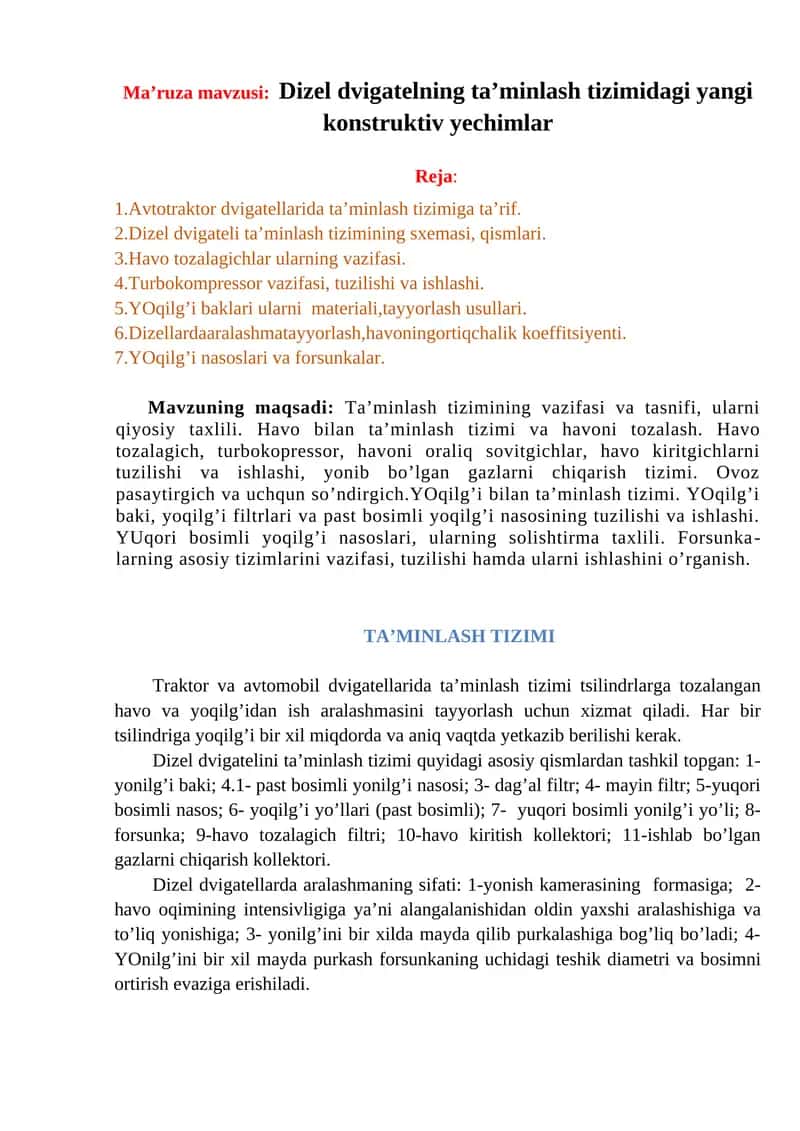 Dizel dvigatellar ta'minlash tizimi
