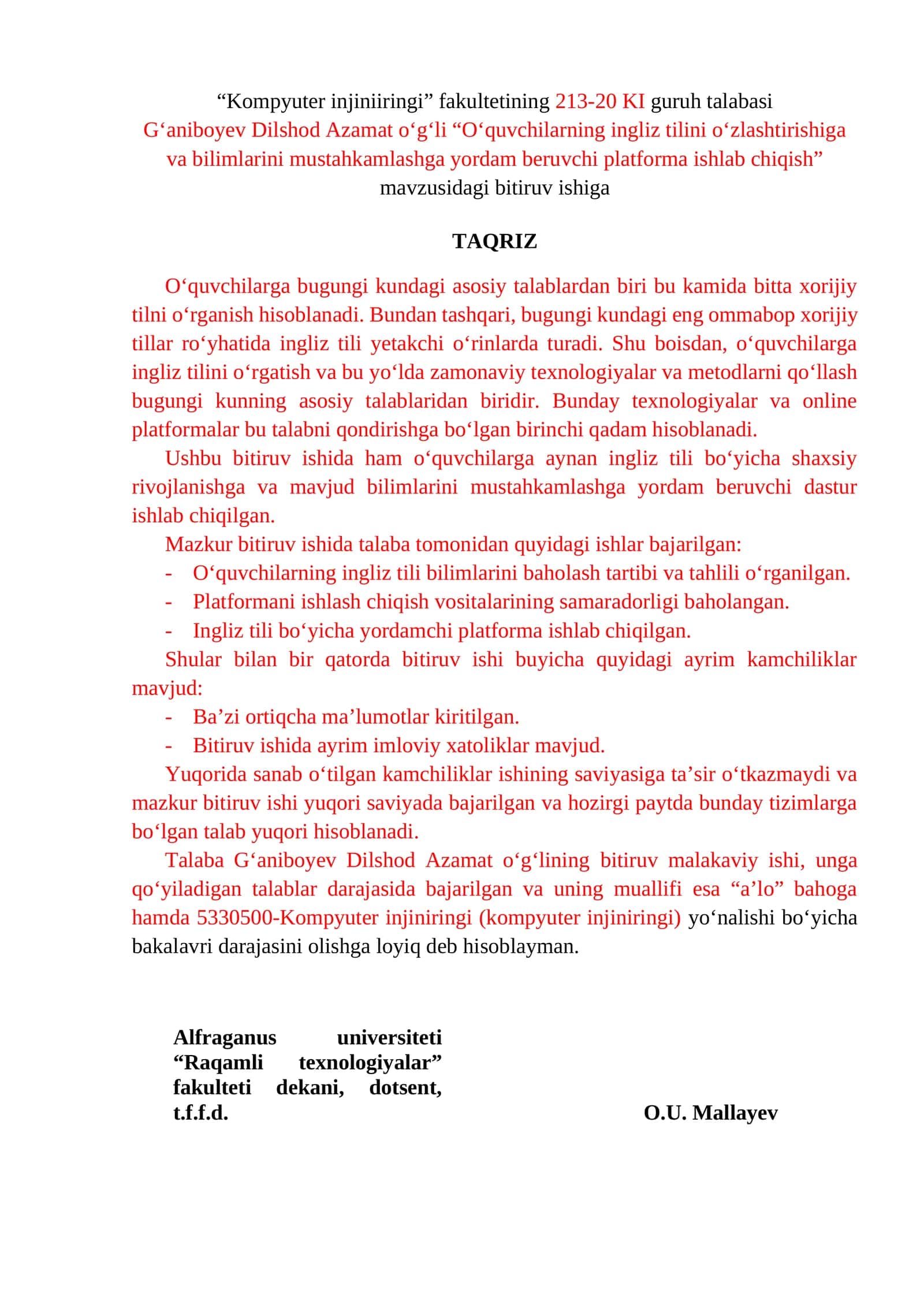 O‘quvchilarning ingliz tilini o‘zlashtirishiga va bilimlarini mustahkamlashga yordam beruvchi platforma ishlab chiqish