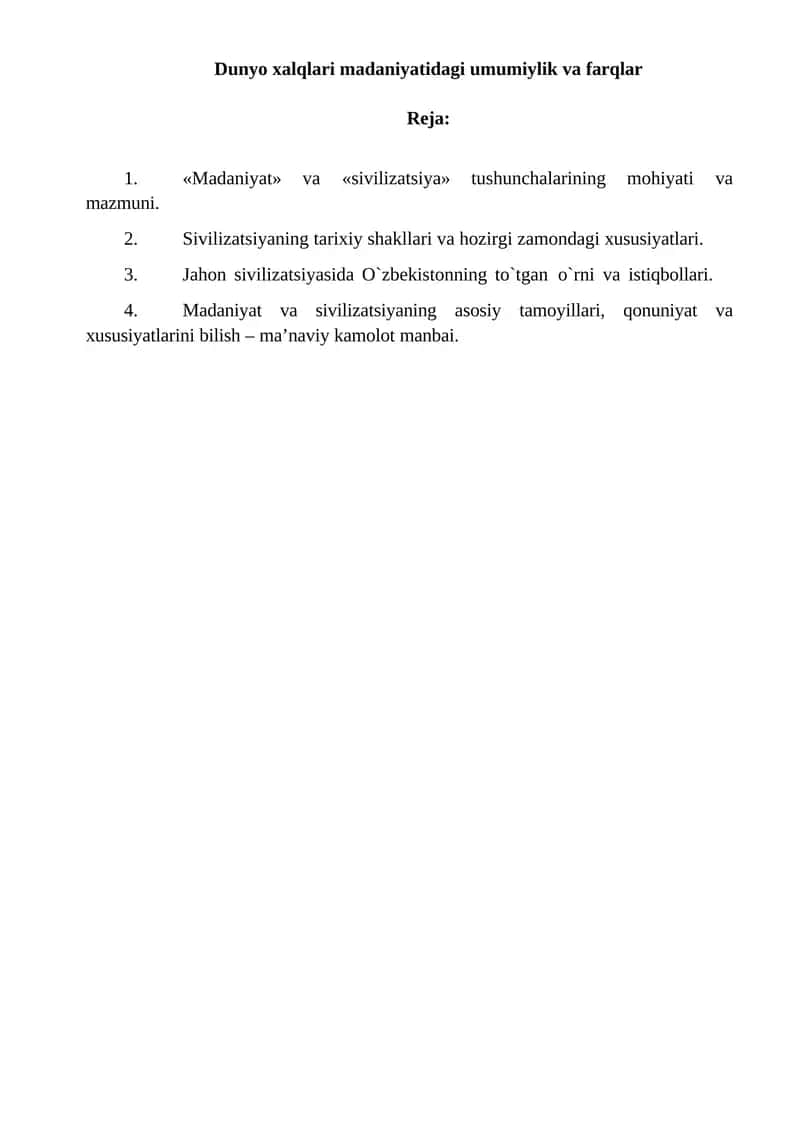 Dunyo xalqlari madaniyatidagi umumiylik va farqlar