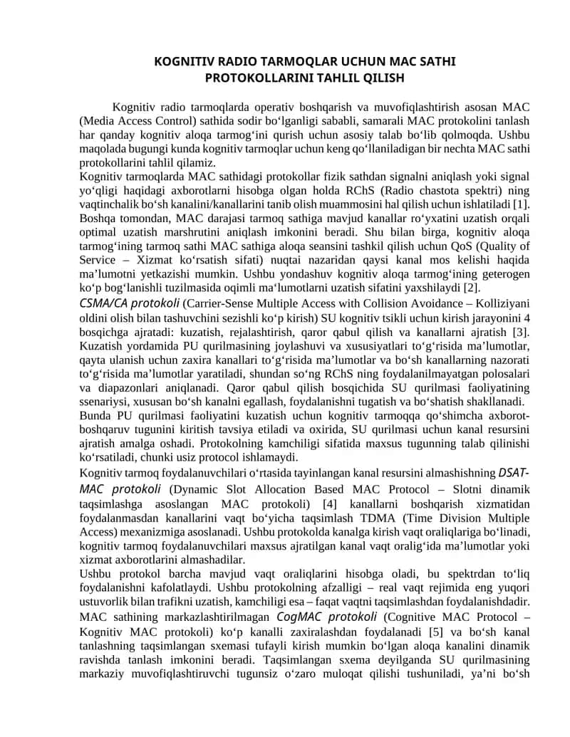 Kognitiv radio tarmoqlar uchun mac sathi protokollarini tahlil qilish