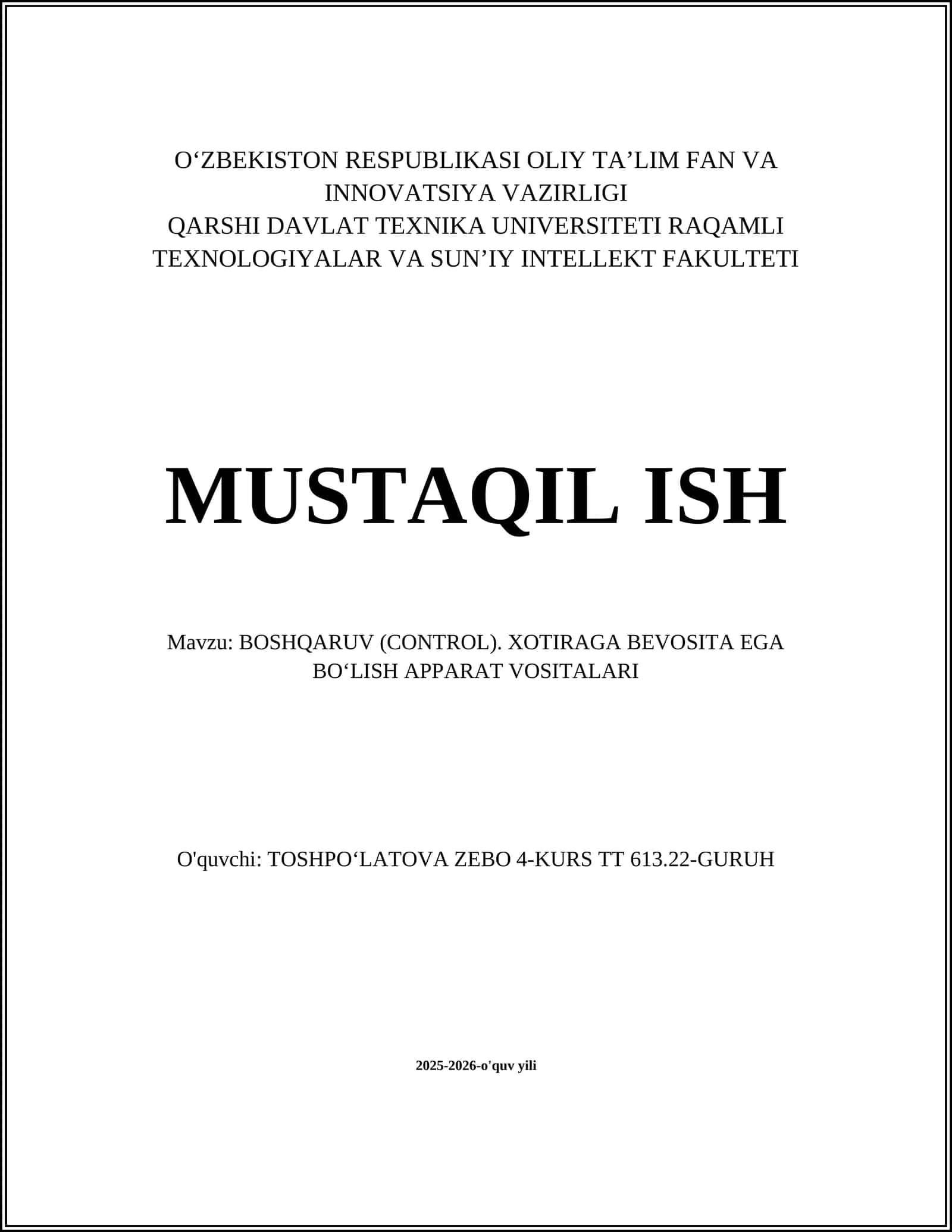 BOSHQARUV (CONTROL). XOTIRAGA BEVOSITA EGA BOʻLISH APPARAT VOSITALARI