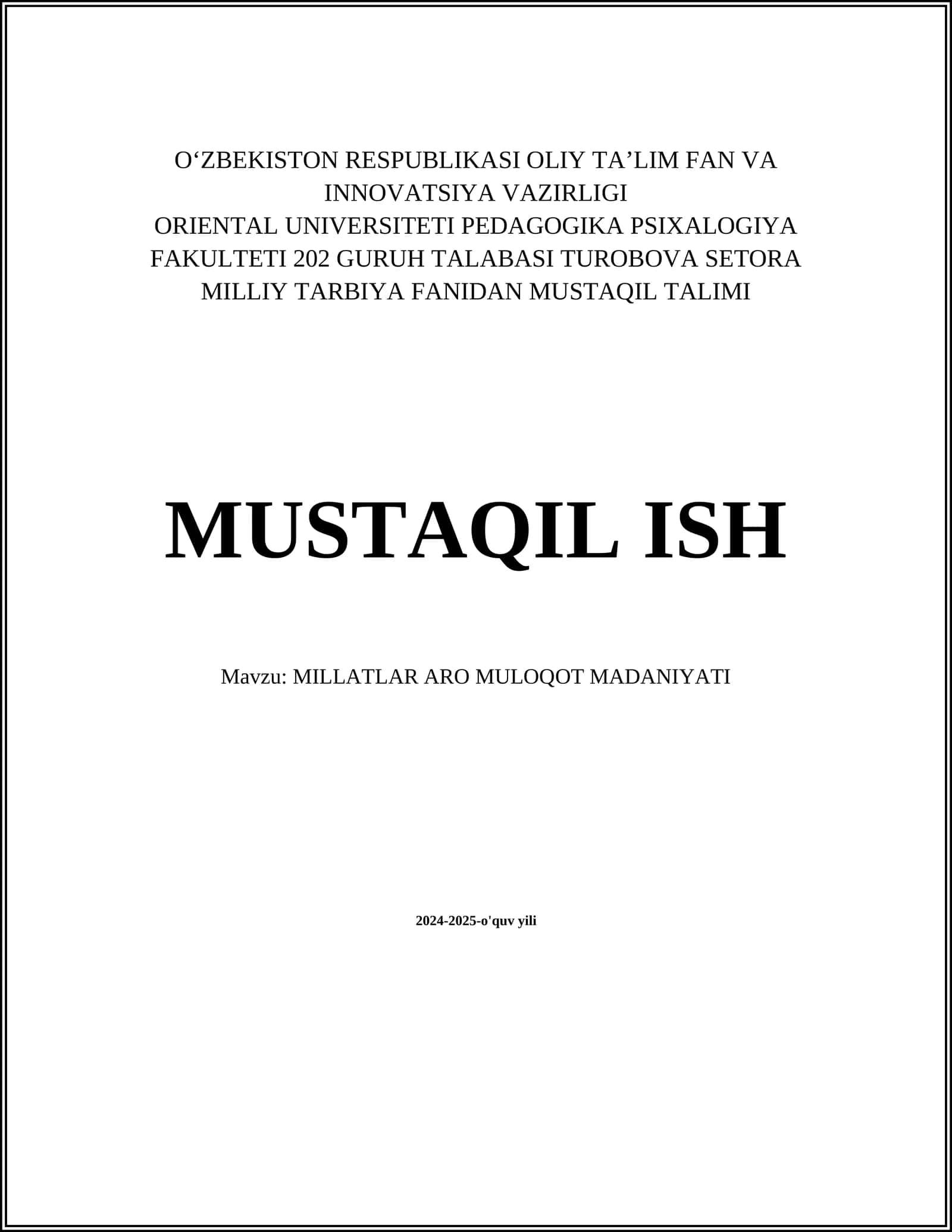 MILLATLAR ARO MULOQOT MADANIYATI