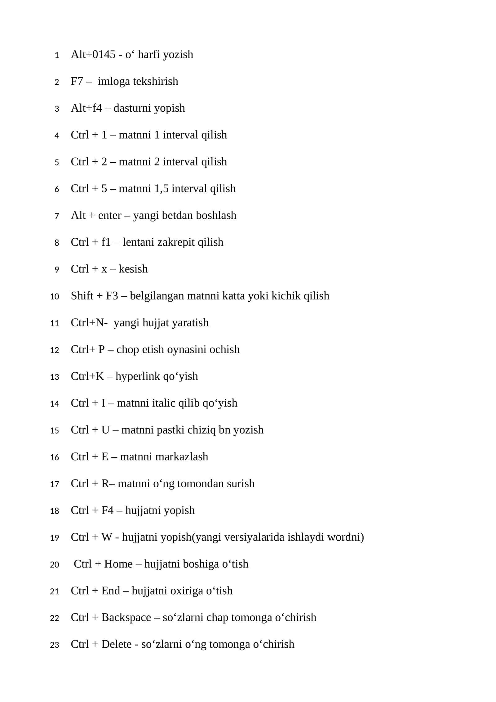 Microsoft Word klaviatura tugmalari