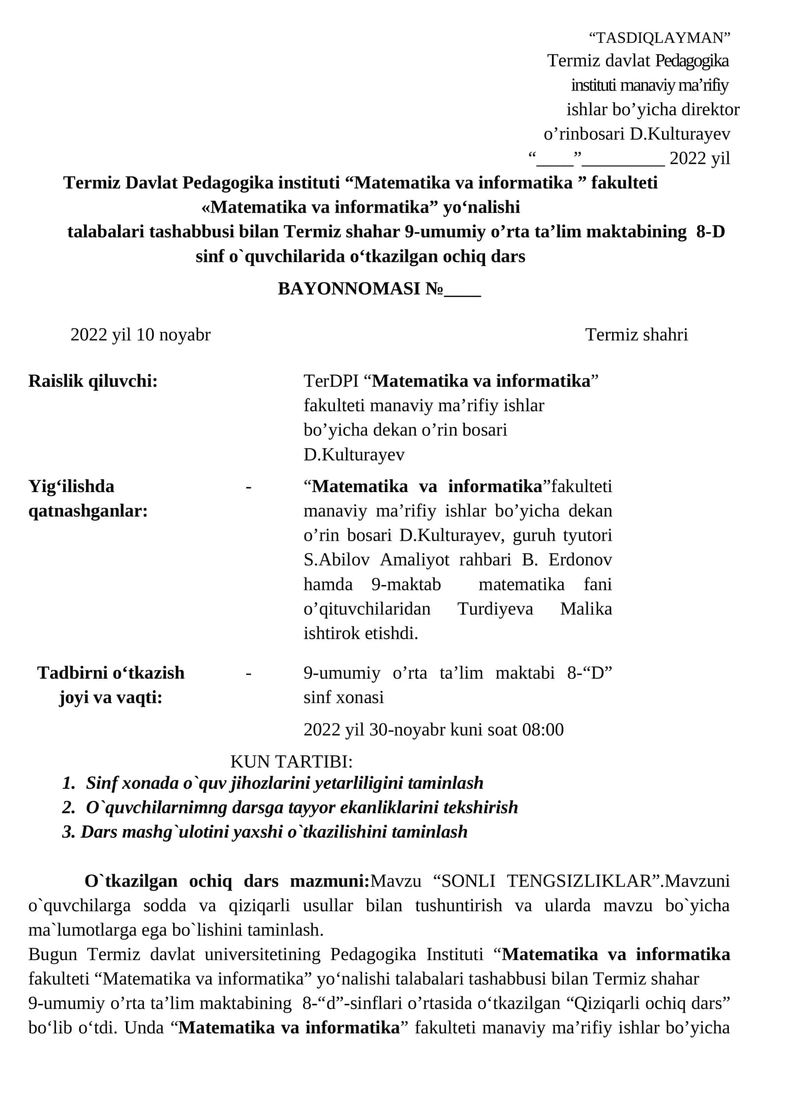 Termiz davlat Pedagogika instituti “Matematika va informatika ” fakulteti