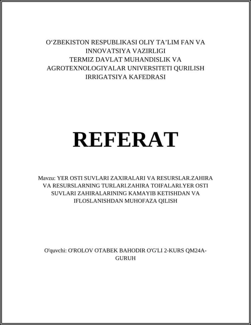 Yer osti suvlari zaxiralari va resurslar