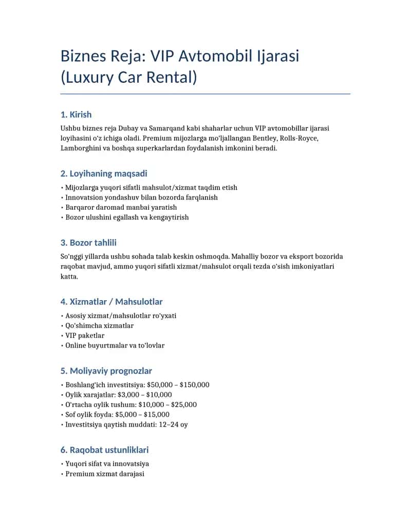 VIP Avtomobil Ijarasi (Luxury Car Rental)