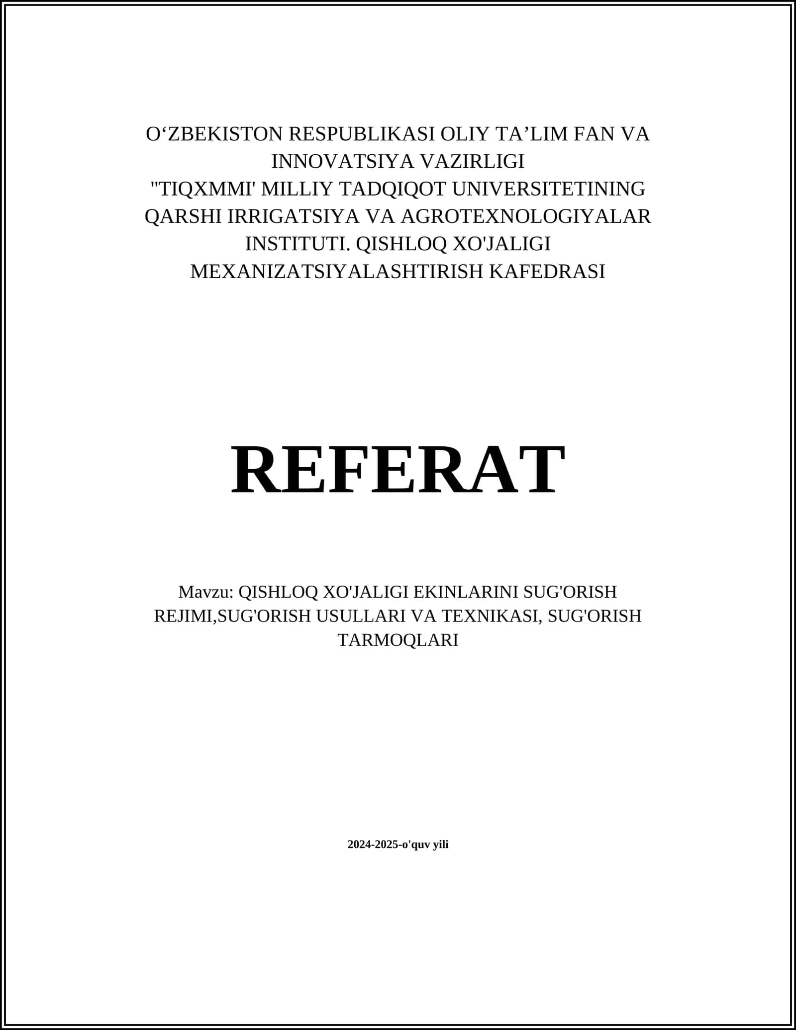 QISHLOQ XO'JALIGI EKINLARINI SUG'ORISH REJIMI