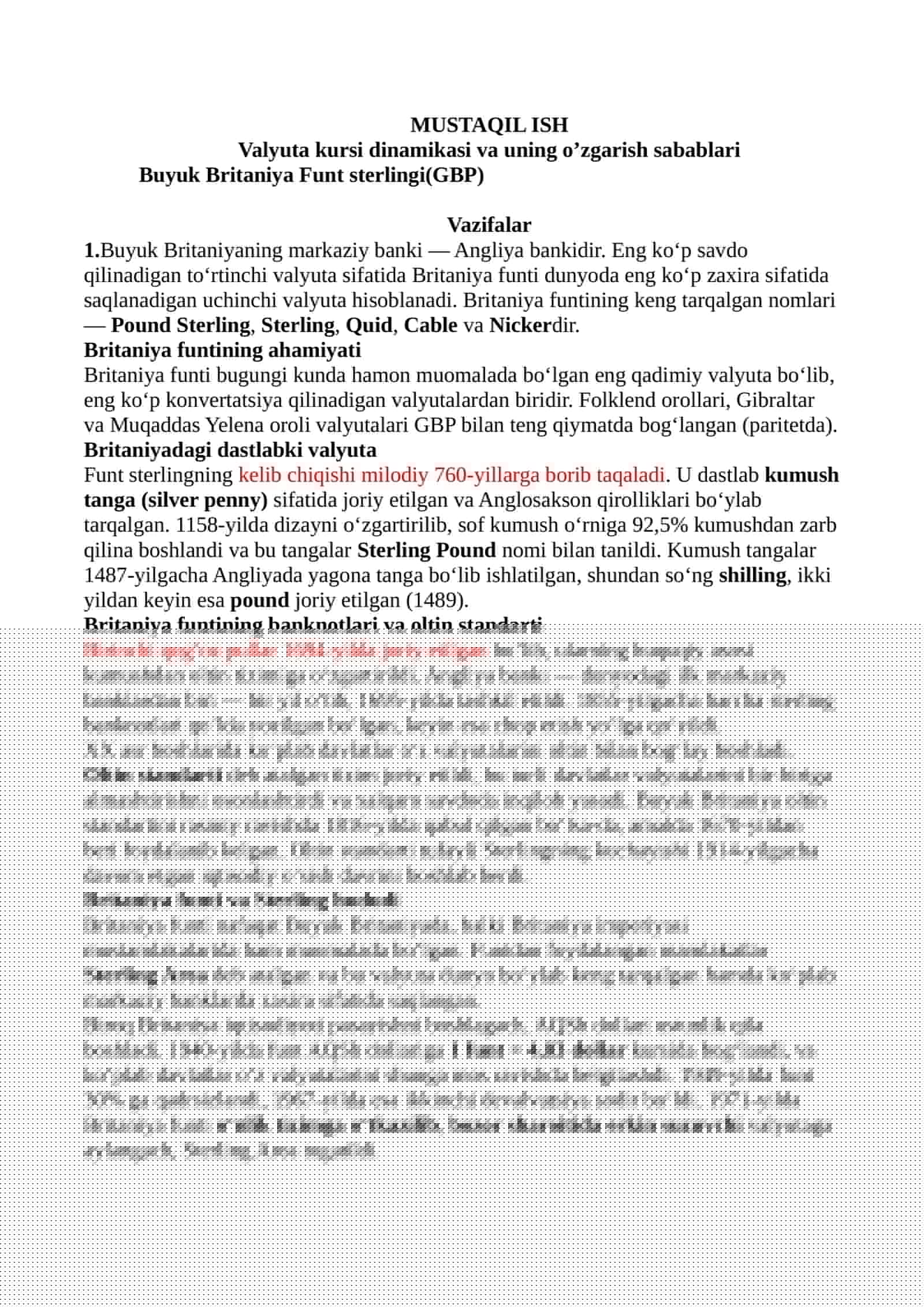 Valyuta kursi dinamikasi va uning o’zgarish sabablari Buyuk Britaniya Funt sterlingi(GBP)