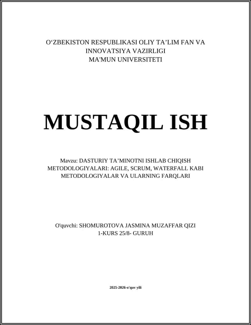 Dasturiy Ta'minot Ishlab Chiqish Metodologiyalari