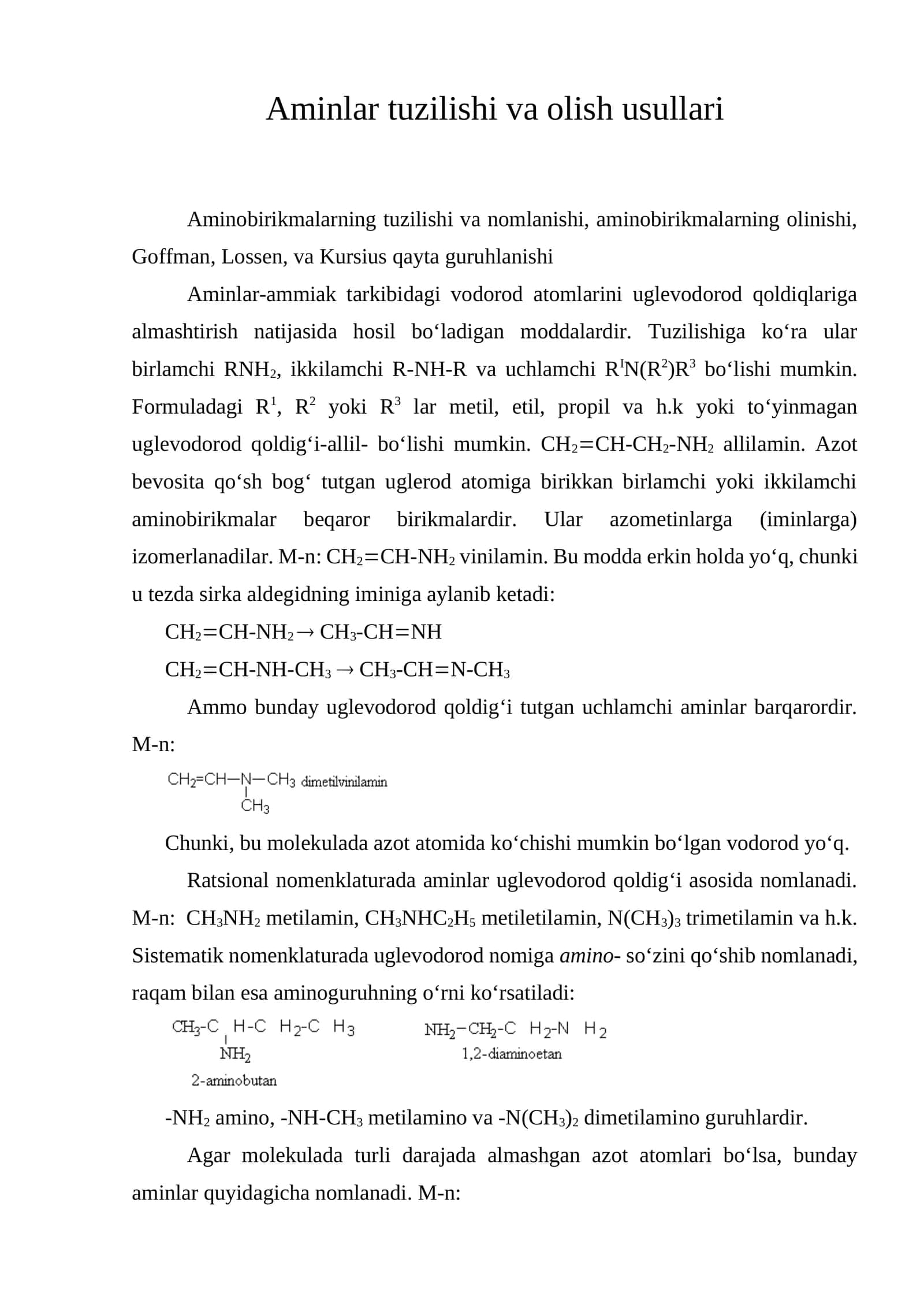 Aminlar tuzilishi va olish usullari