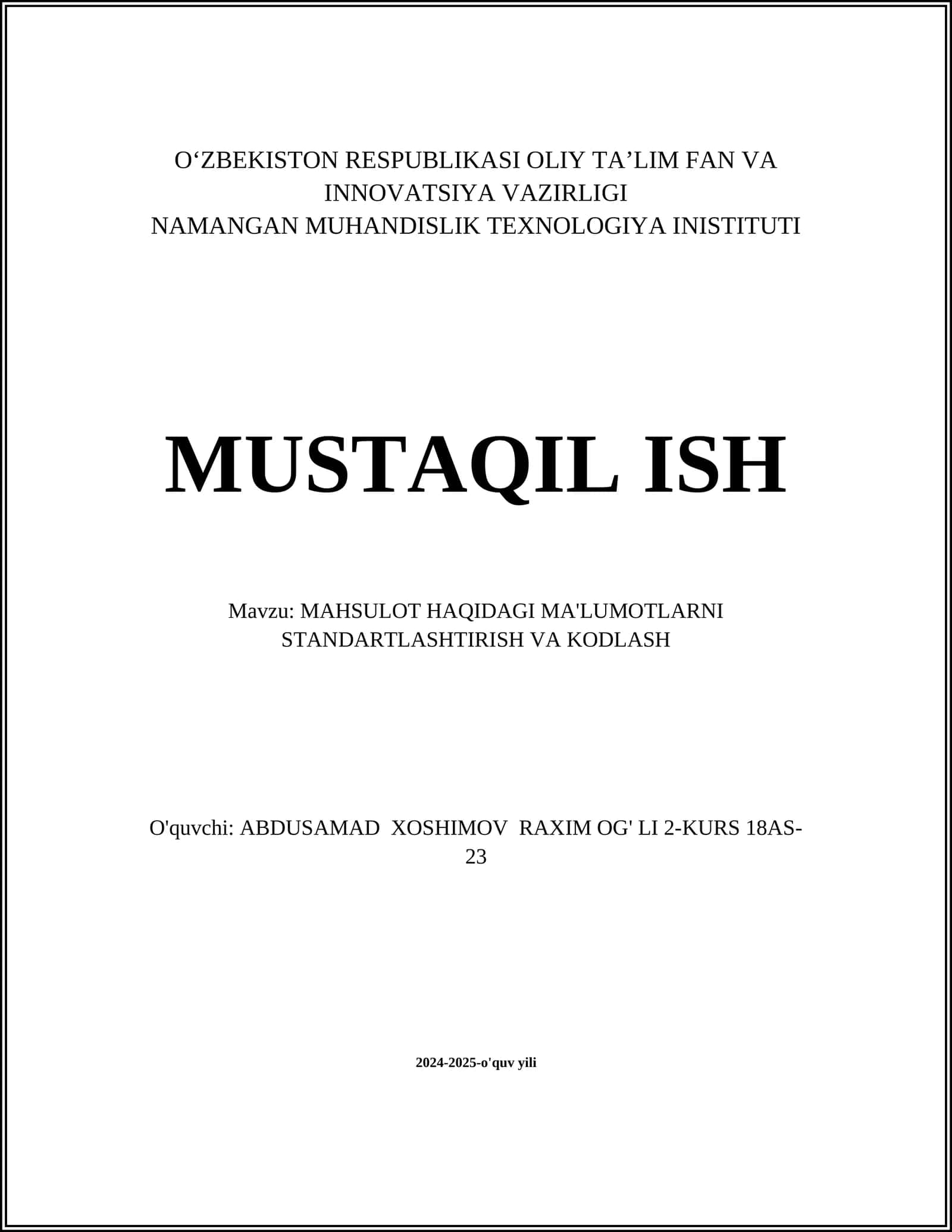 MAHSULOT HAQIDAGI MA'LUMOTLARNI STANDARTLASHTIRISH VA KODLASH