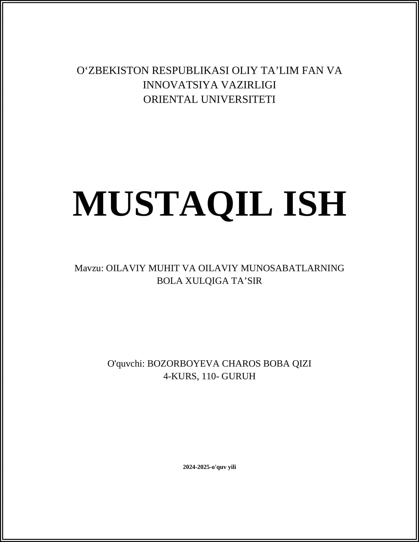 OILAVIY MUHIT VA OILAVIY MUNOSABATLARNING BOLA XULQIGA TA’SIR
