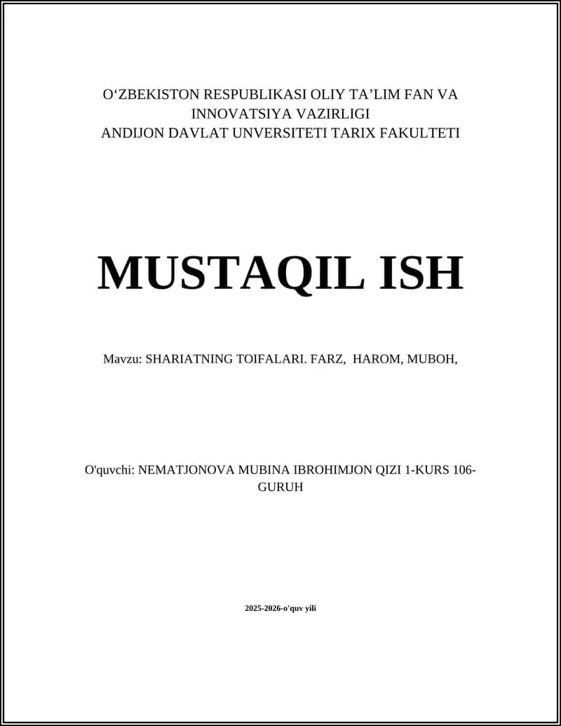 SHARIATNING TOIFALARI. FARZ, HAROM, MUBOH