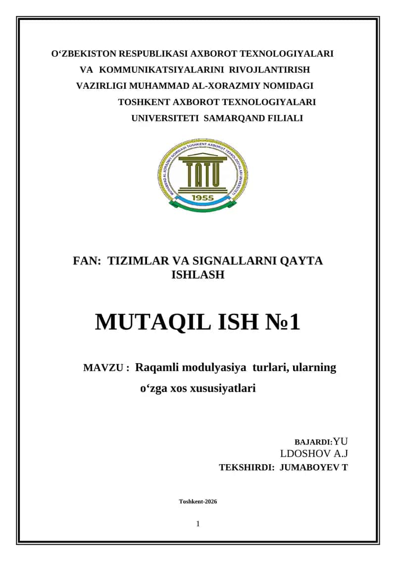 Tizimlar va signallarni qayta ishlash fanidan Raqamli modulyatsiya turlari