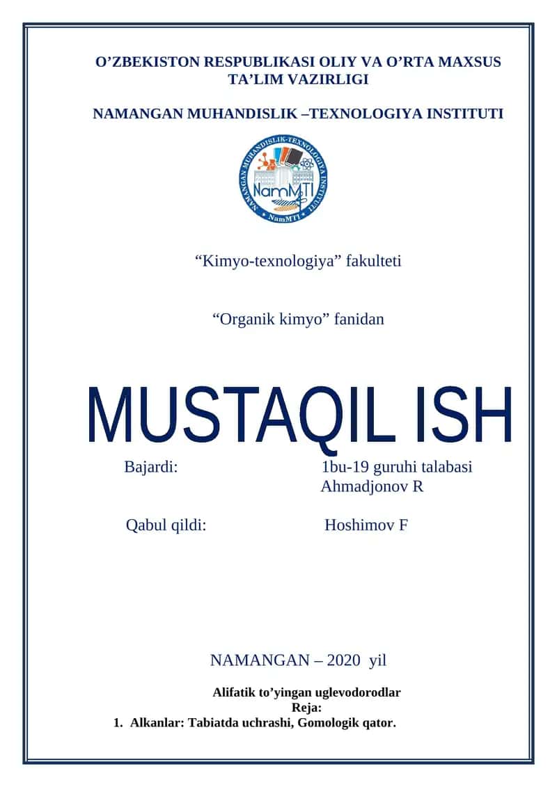 Alifatik to’yingan uglevodorodlar