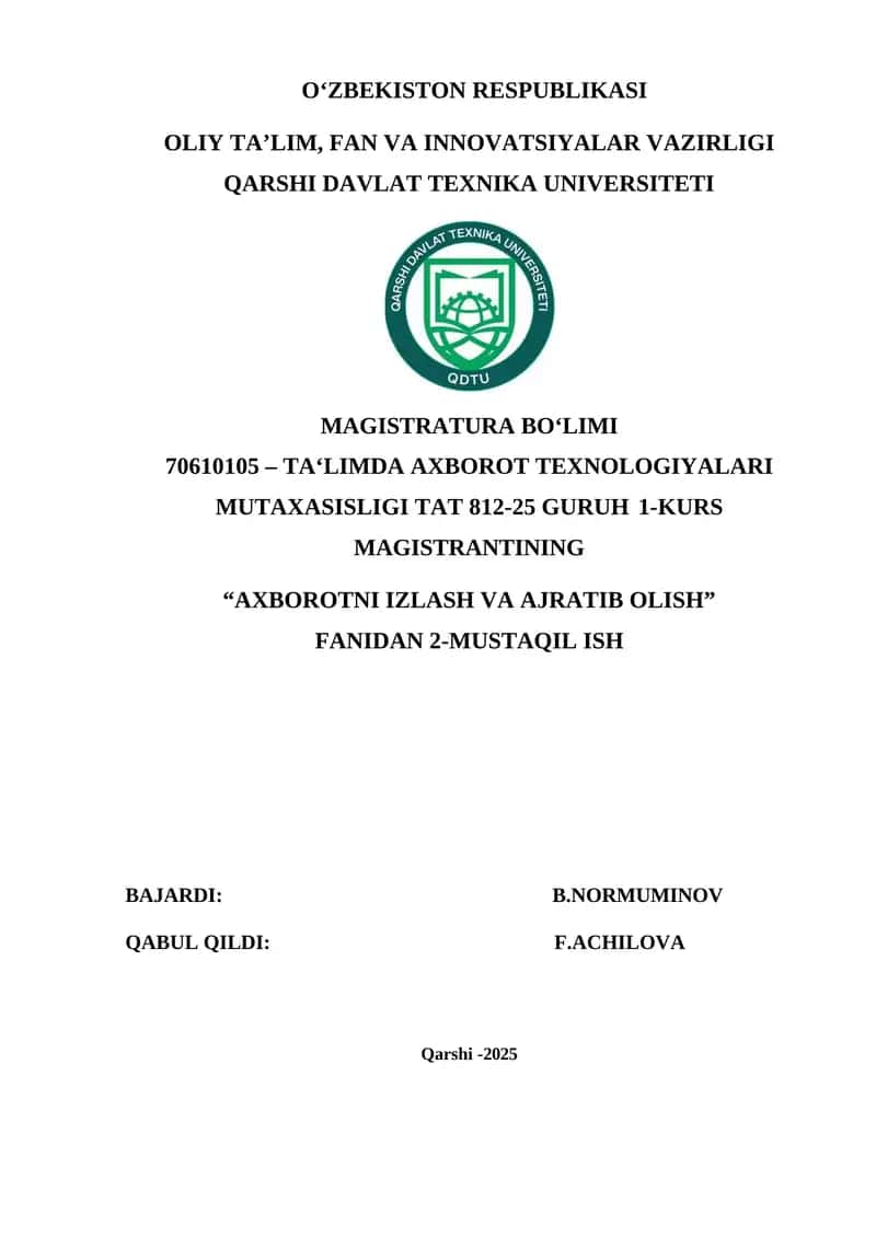 Axborot va fayllarni izlash, sodda Bayes modeli asosida axborotni sinflashtirish va ma’lumotlar bazasini shakllantirish usullari Reja: