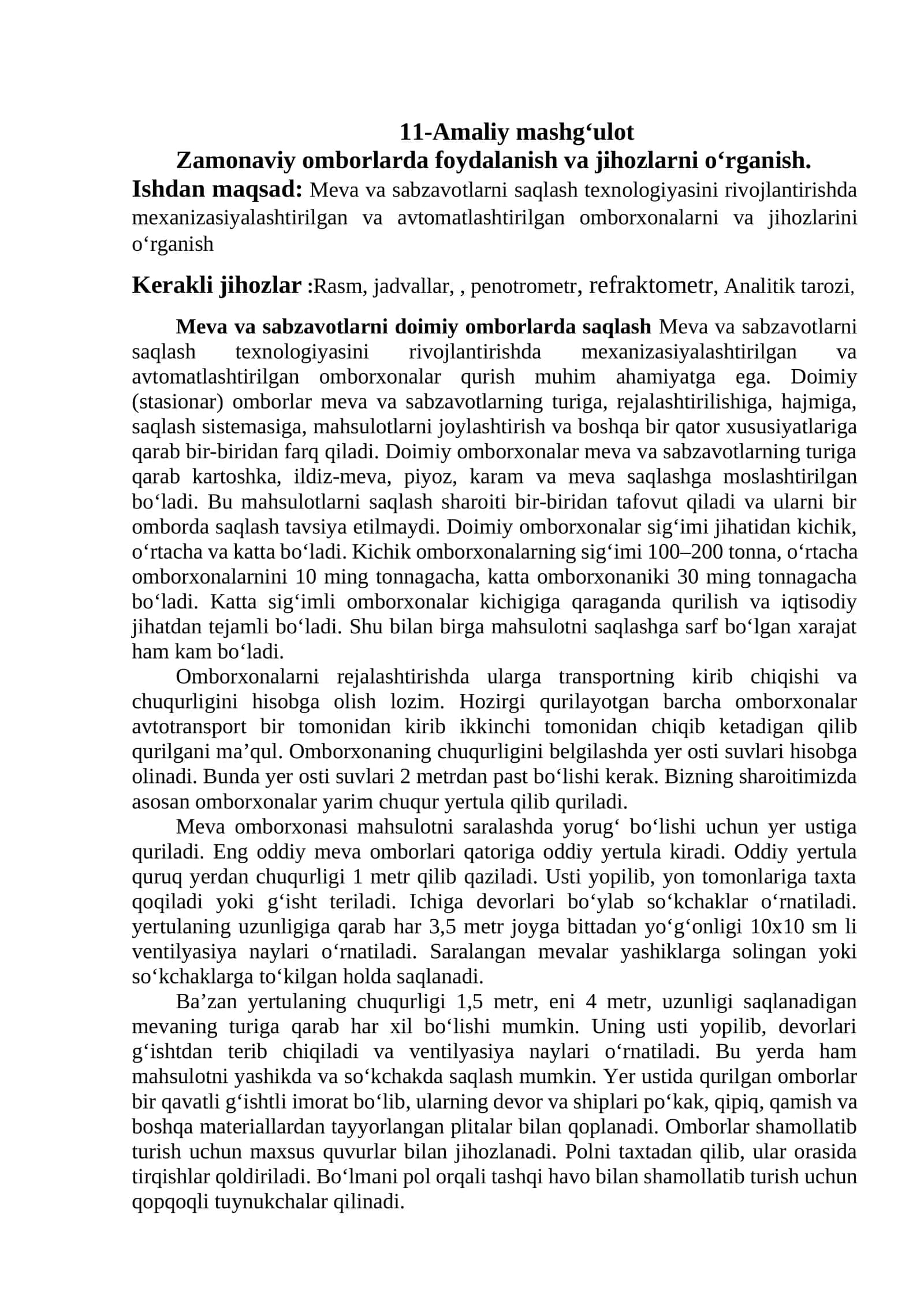 Meva va sabzavotlarni doimiy omborlarda saqlash