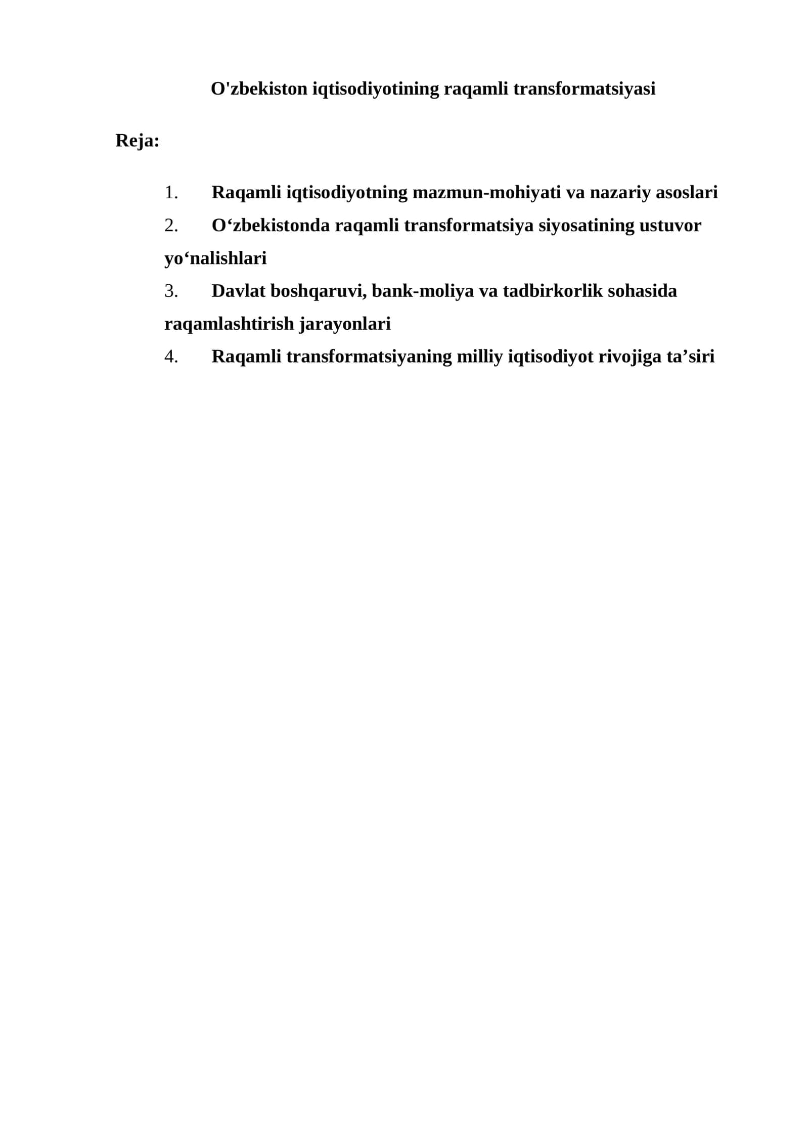 O'zbekiston iqtisodiyotining raqamli transformatsiyasi
