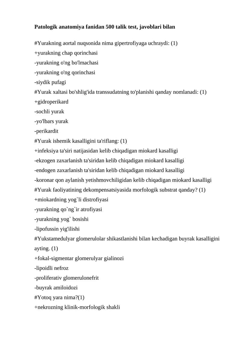 Patologik anatomiya fanidan 500 talik test, javoblari bilan