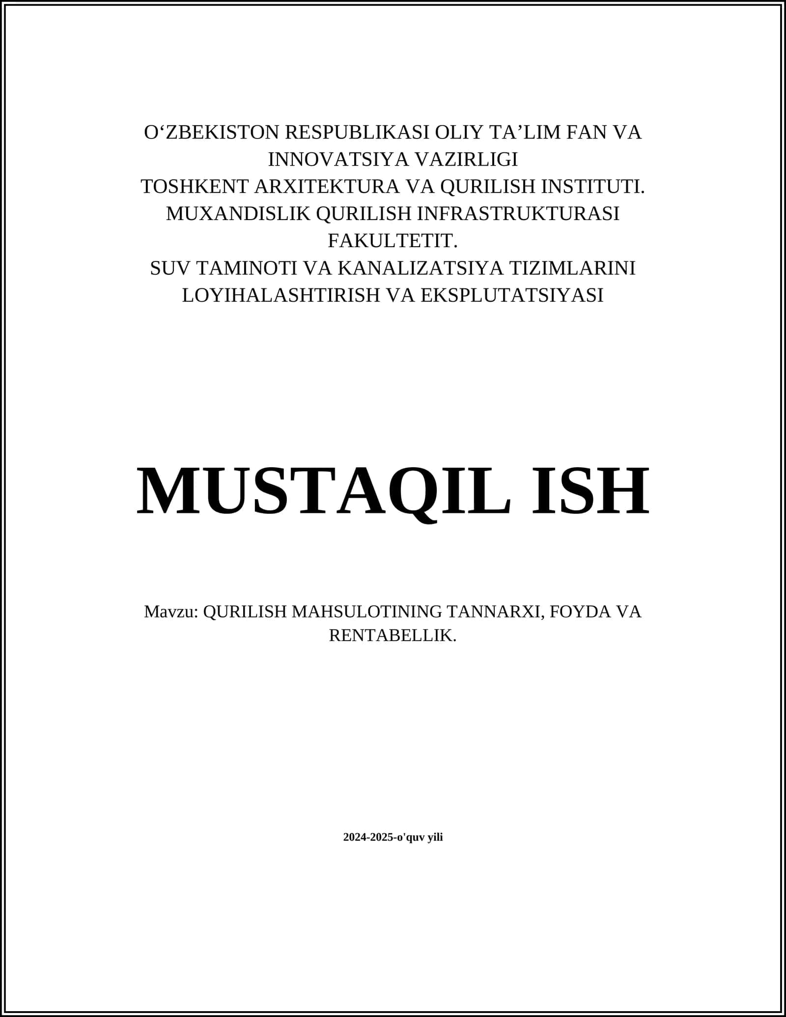 QURILISH MAHSULOTINING TANNARXI, FOYDA VA RENTABELLIK