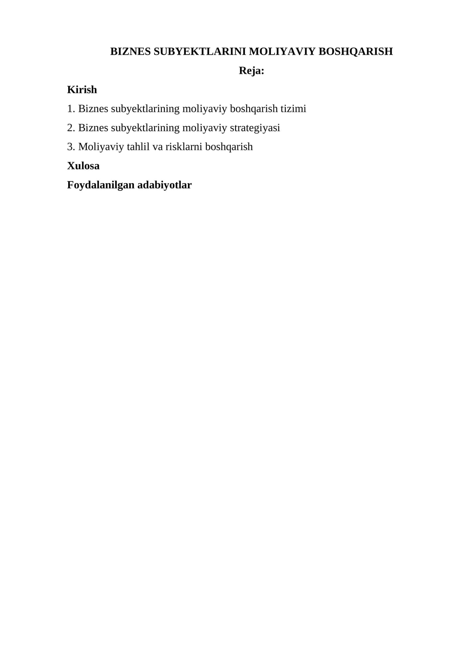 BIZNES SUBYEKTLARINI MOLIYAVIY BOSHQARISH