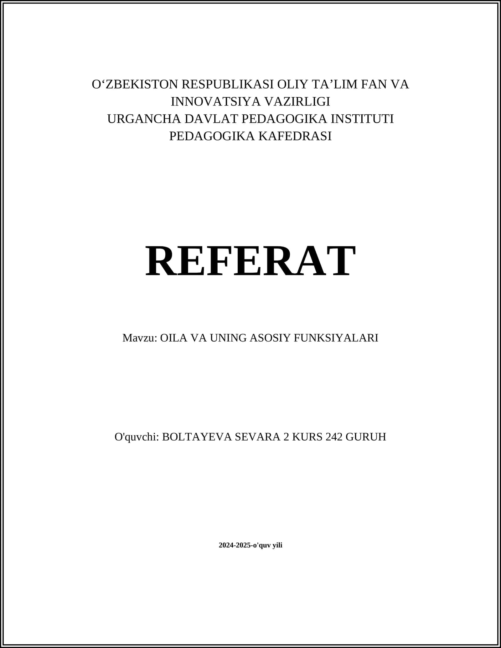 OILA VA UNING ASOSIY FUNKSIYALARI