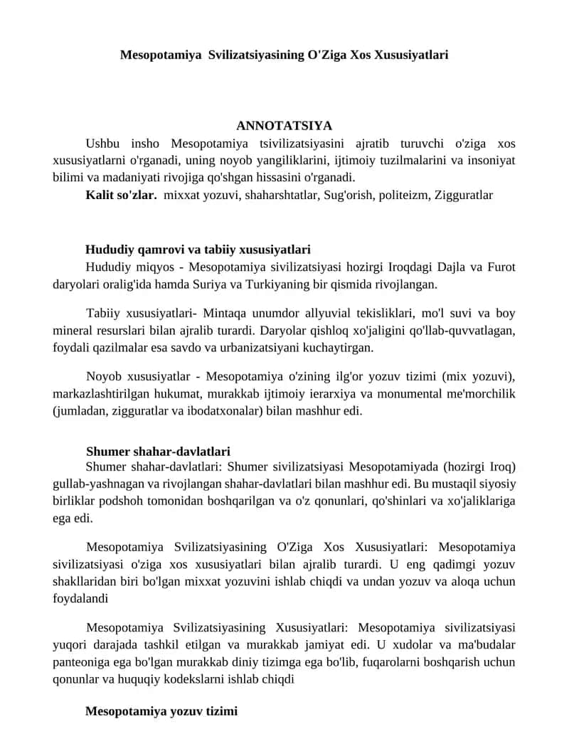 Mesopotamiya Svilizatsiyasining O'Ziga Xos Xususiyatlari