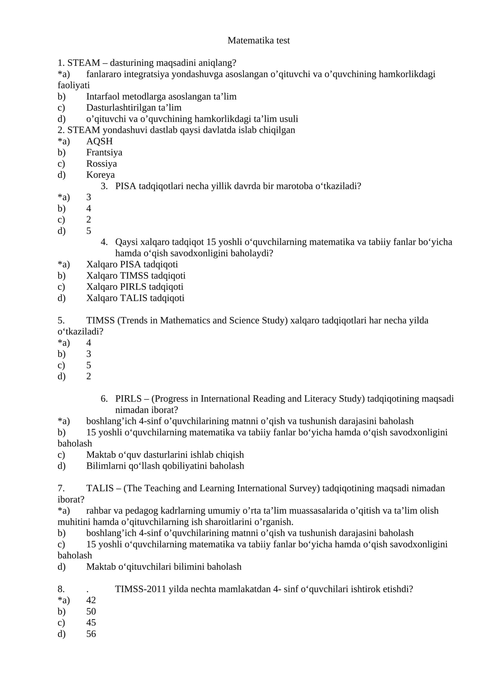 Matematika fanidan mutaxasislik testlari