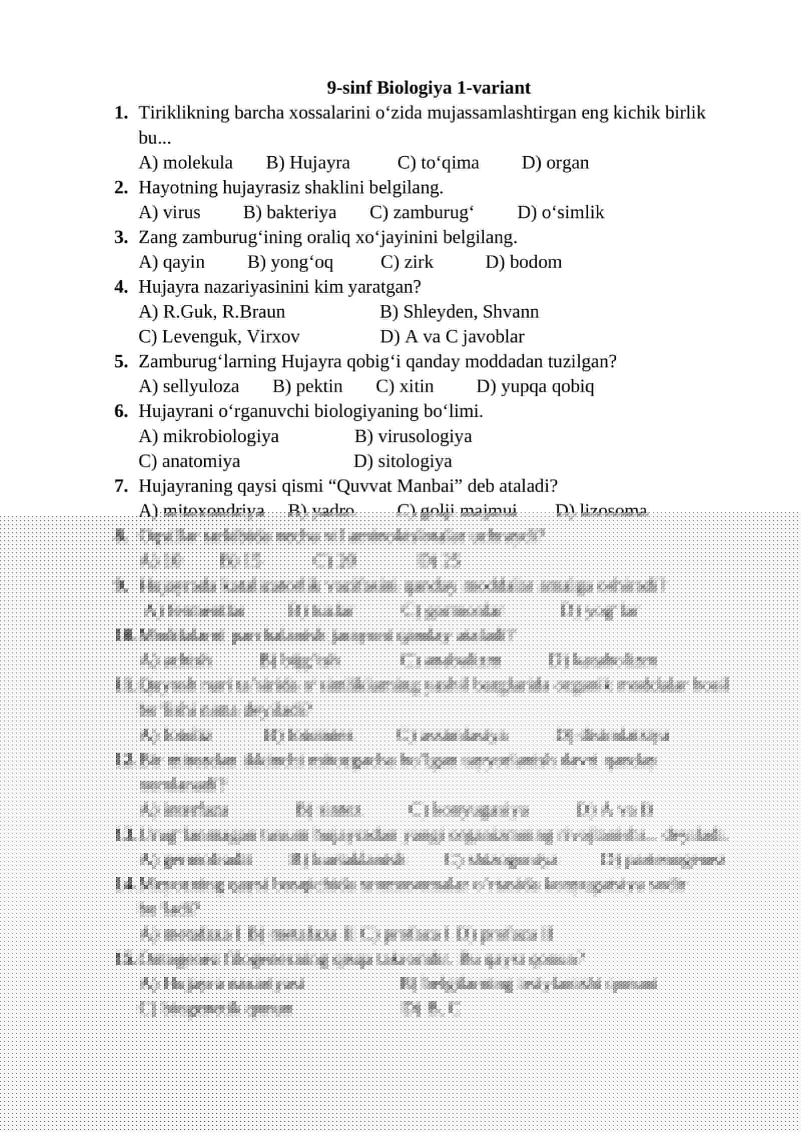 9-sinf Biologiya 1-variant