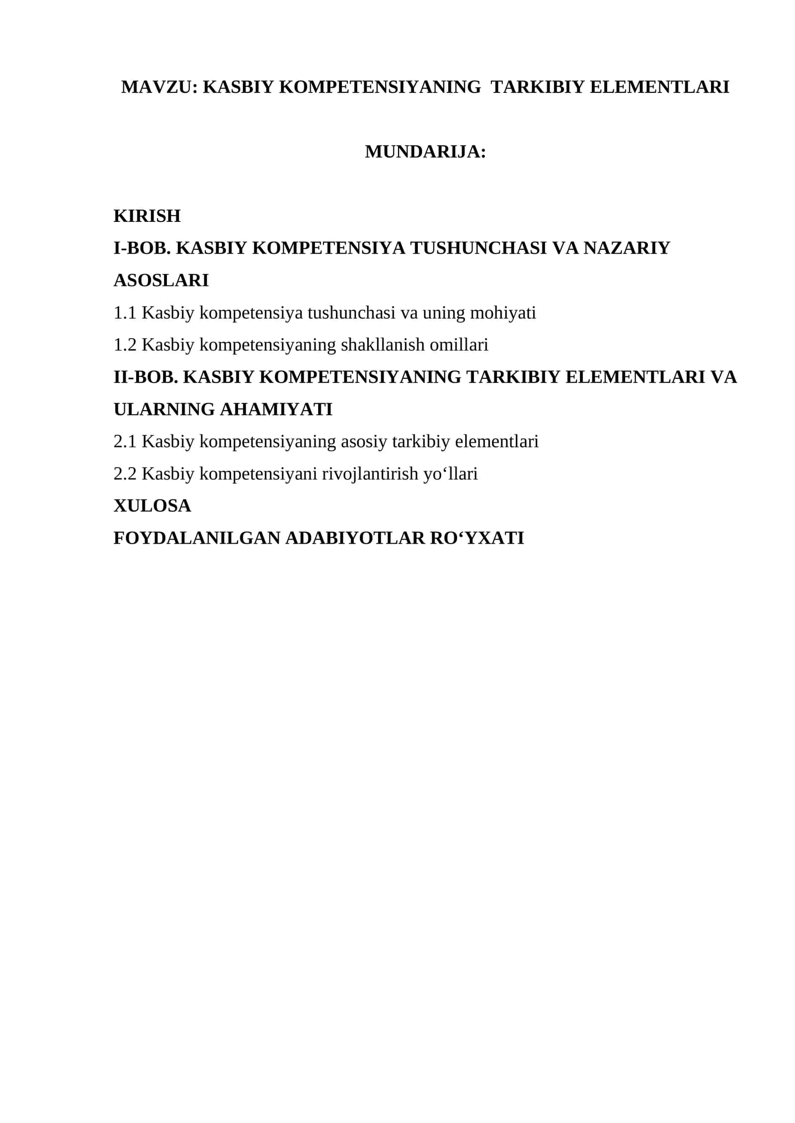 KASBIY KOMPETENSIYANING TARKIBIY ELEMENTLARI