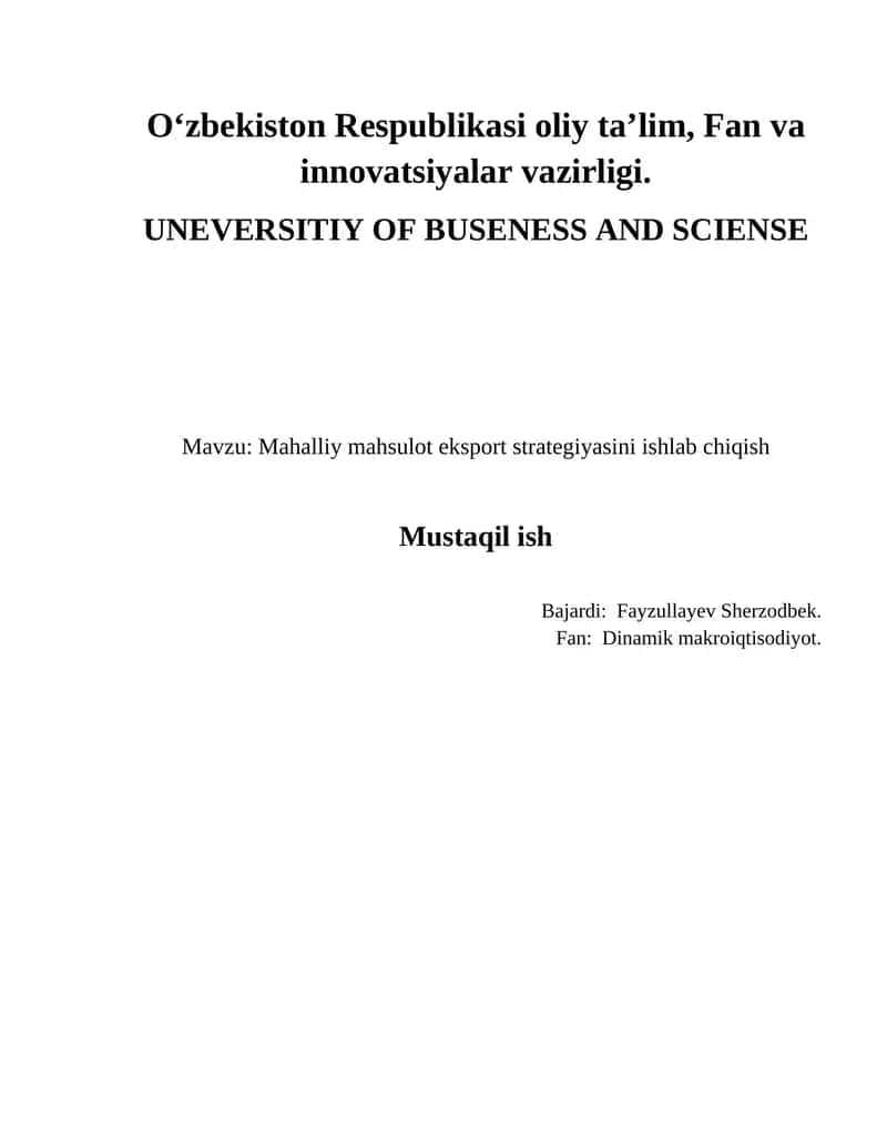 Mahalliy mahsulot eksport strategiyasi