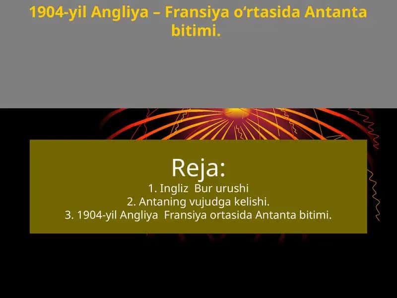 1904-yil Angliya – Fransiya o‘rtasida Antanta bitimi.
