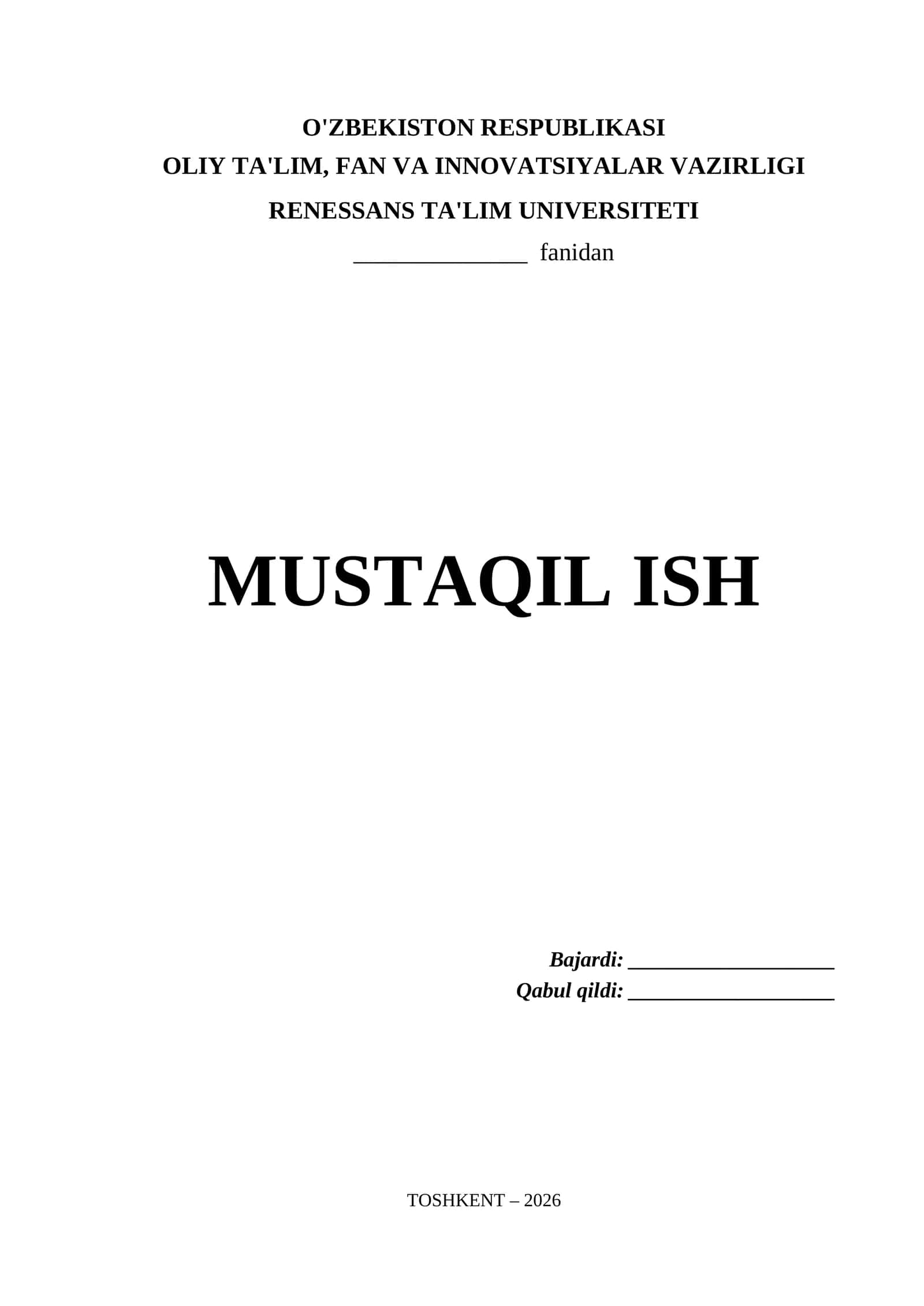 Renessans Ta'lim Universiteti Mustaqil Ish Titul Varaq (.docx)