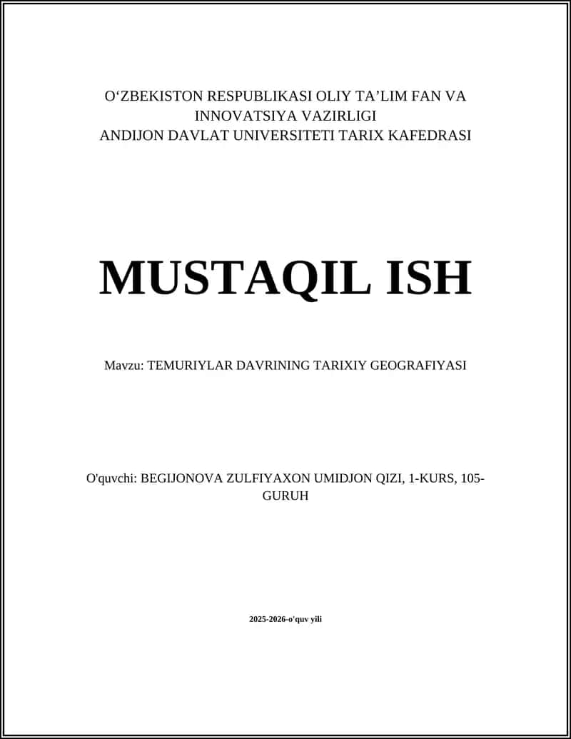 TEMURIYLAR DAVRINING TARIXIY GEOGRAFIYASI