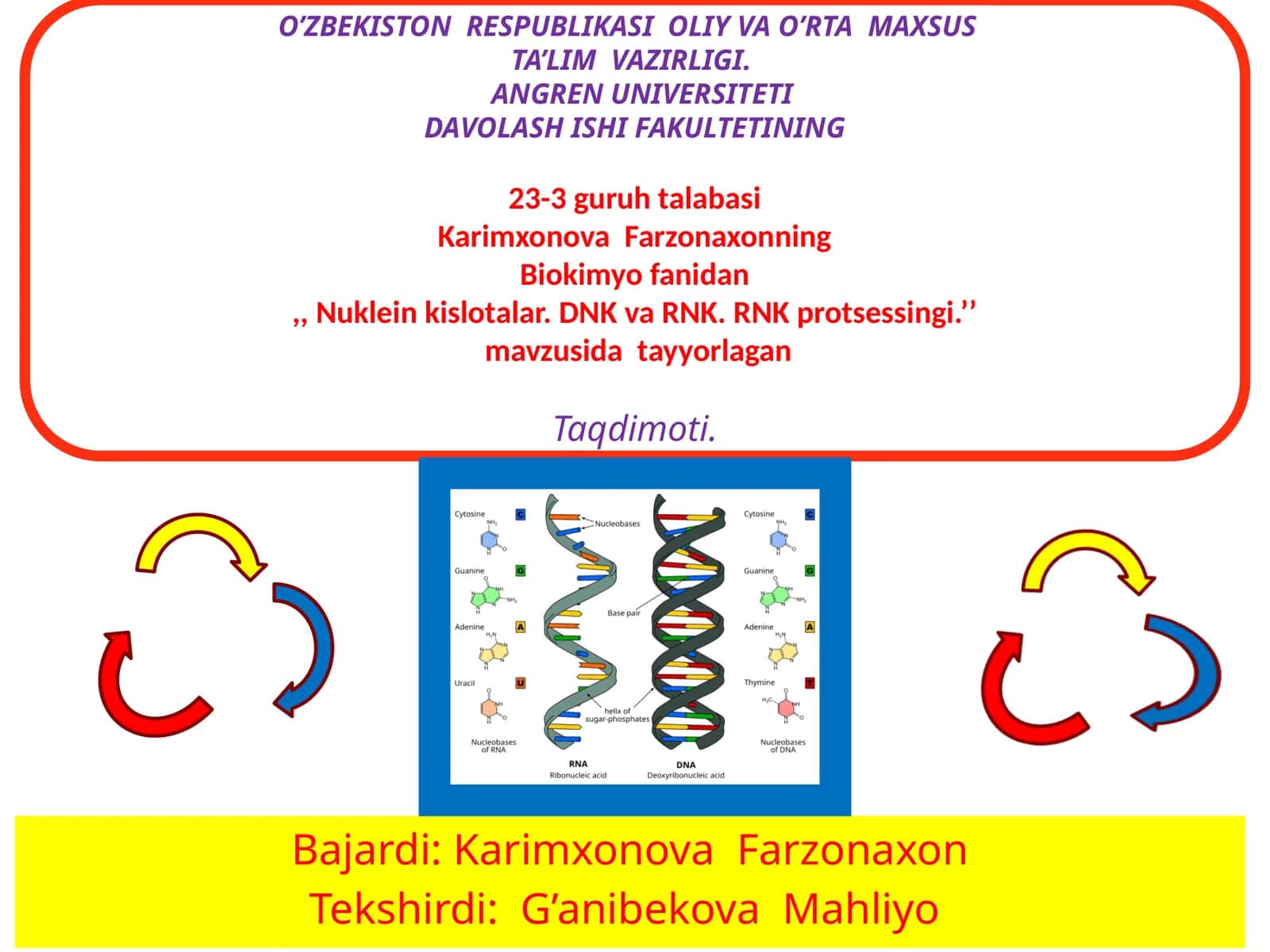 KarimxonovaFarzonaxon biokimyofanidan "Nukleinkislotalar. DNK va RNK. RNK protsessingi." mavzusidagi taqdimoti