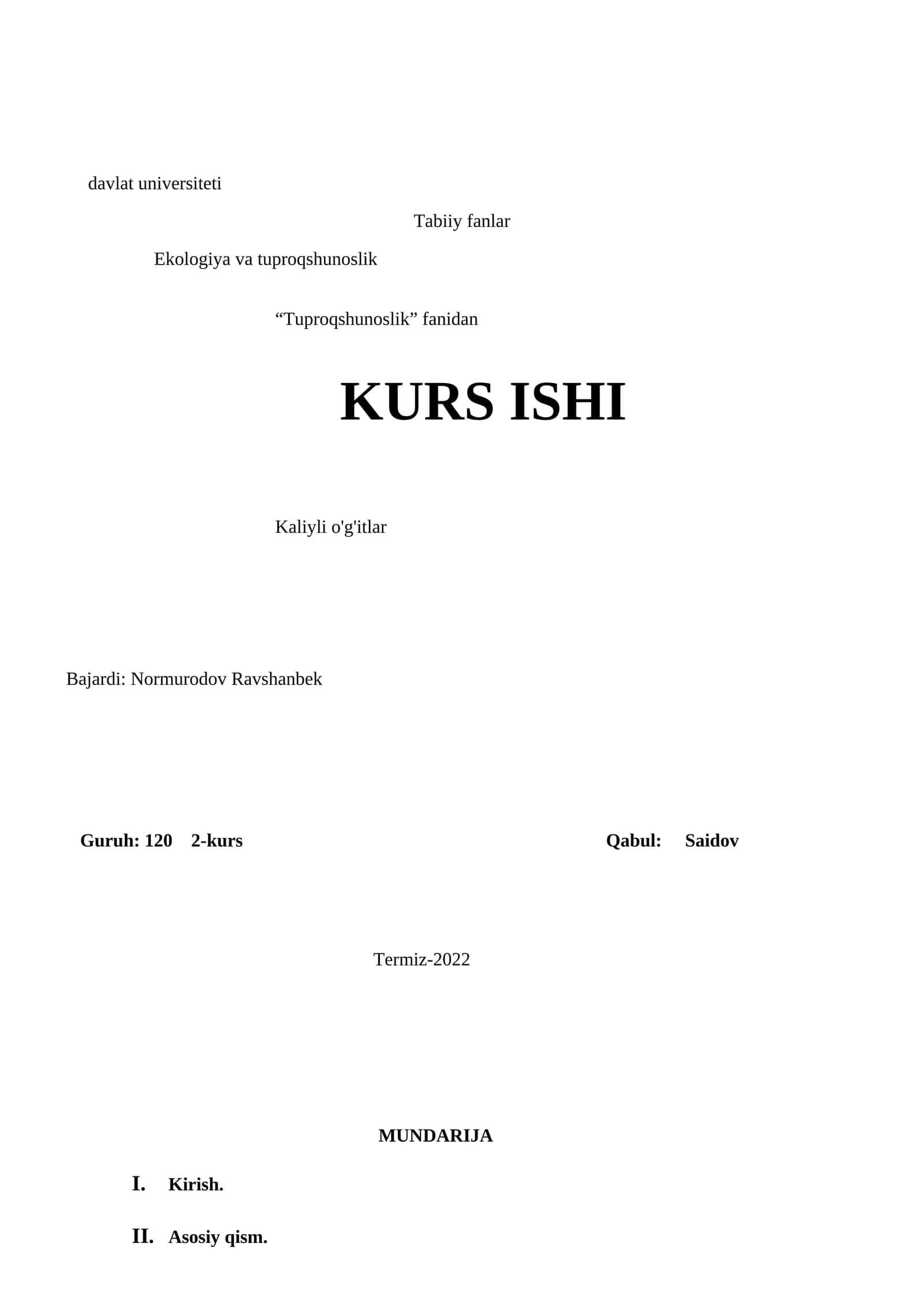 Ekologiya va tuproqshunoslik KURS ISHI
