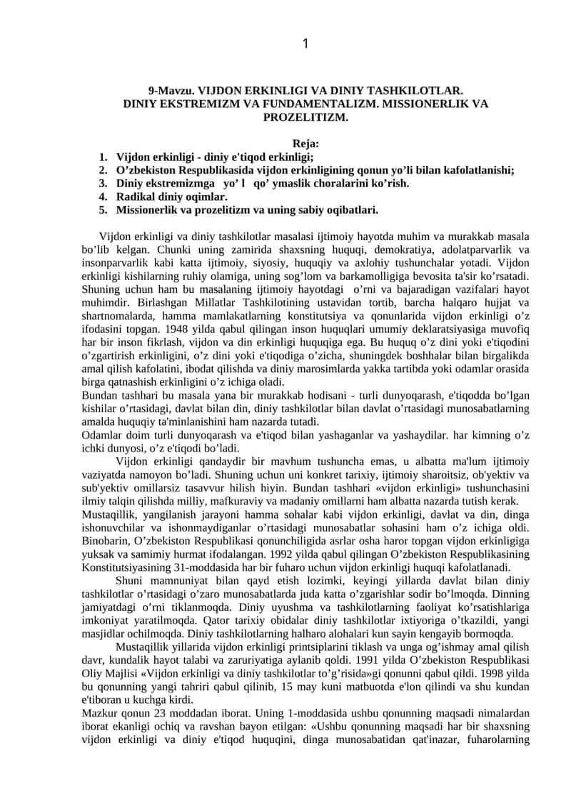 VIJDON ERKINLIGI VA DINIY TASHKILOTLAR